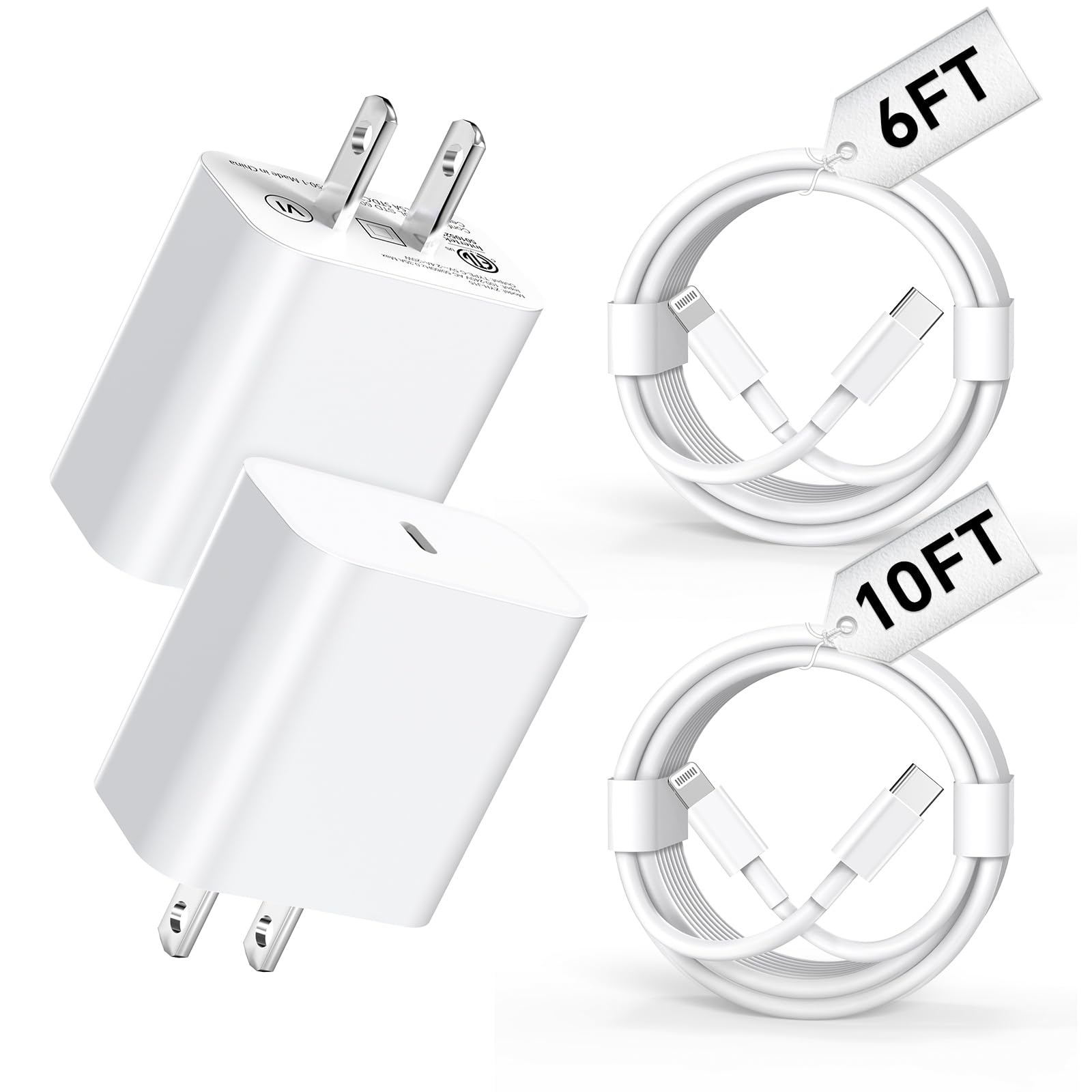 Compatible with iPhone Charger 6 10Ft Fast Charging 2Pack 20W PD Fast Charger Type C Fast Charging Block