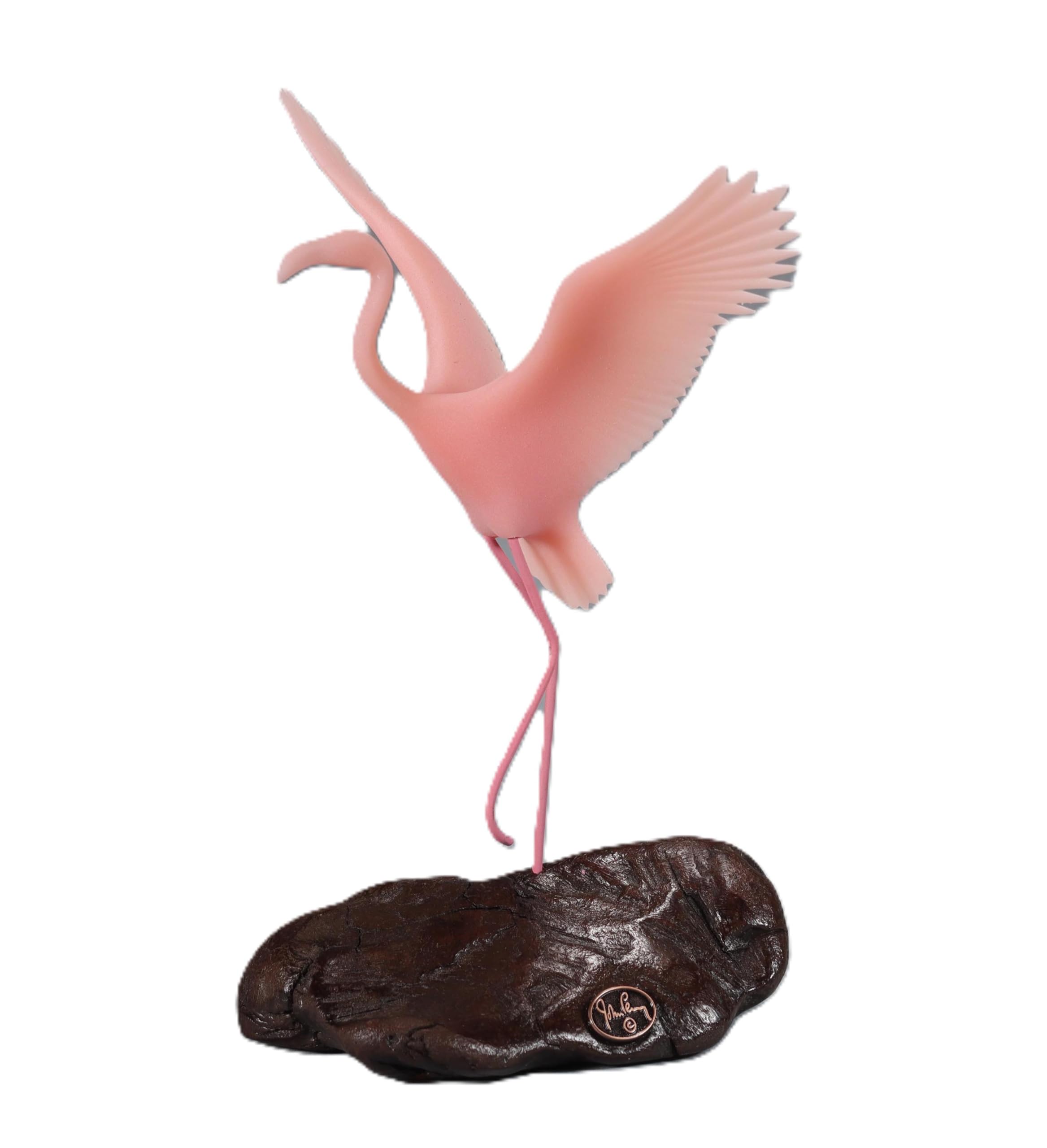 Flamingo Sculpture by John Perry in Flight 8in High on Polished Burlwood Base. Signed.