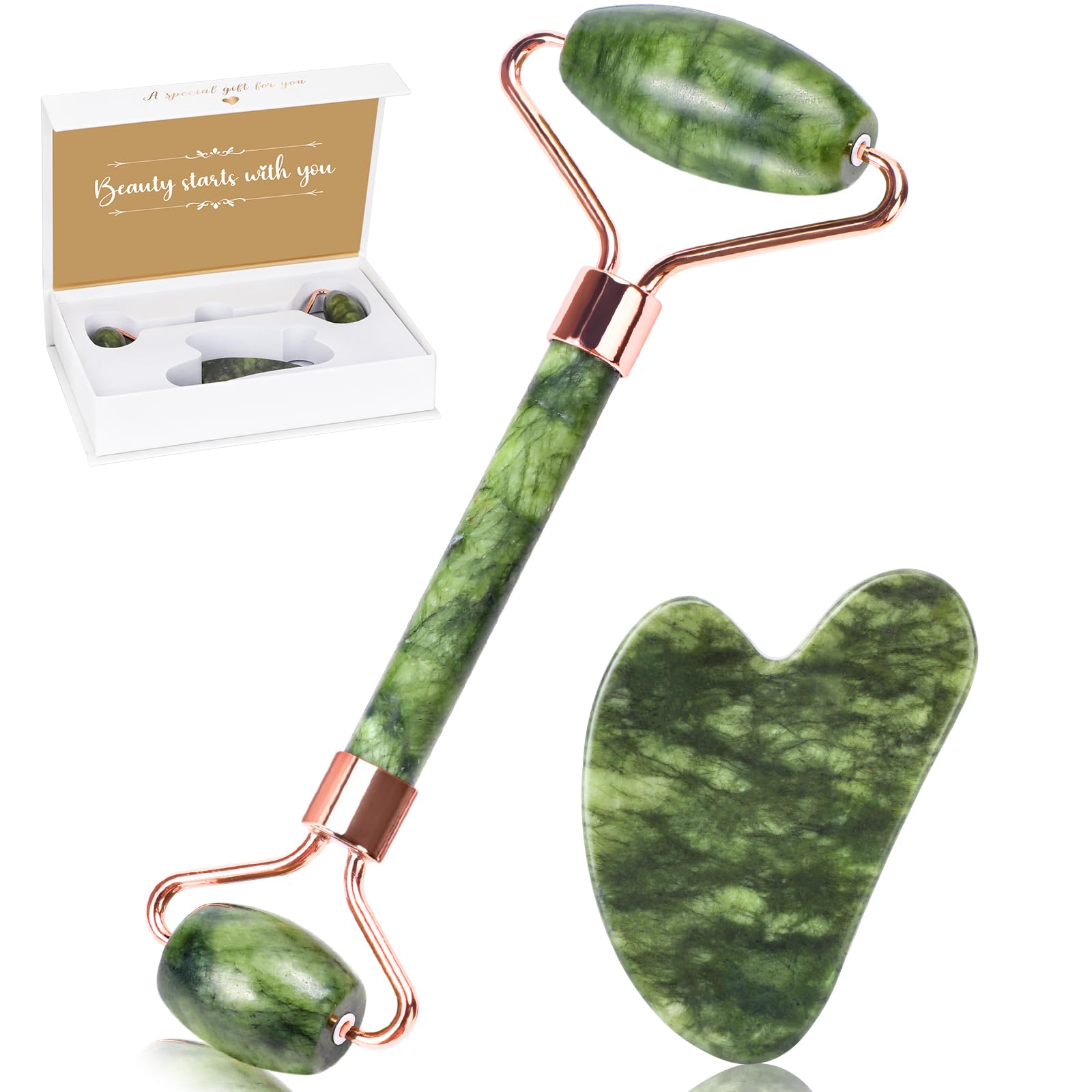 Alyvisun Natural Green Jade Gua Sha Set and Jade Roller,for Neck and Body Massage Tool, Facial Massage Board for Relieving Puffiness and Jawline Improving with User Manual, Skincare Gift for Women