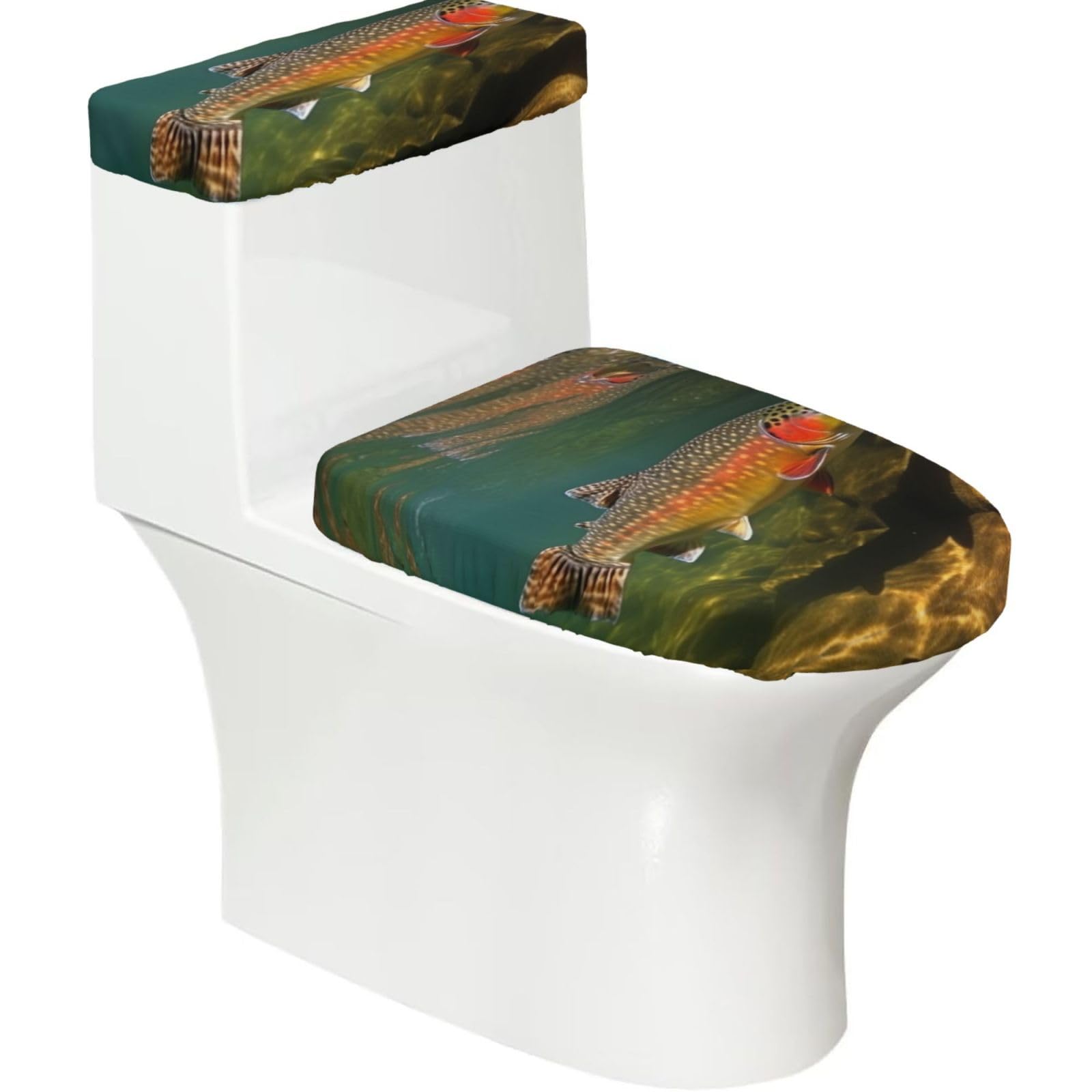 Fodpand Black Brook Trout Fly Fishing Toilet Lid Cover And Toilet Tank Cover Set, Washable Soft Toilet Seat Cover With Elastic Bottom, Universal Stylish Toilet Cover Set For Bathroom Decor Accessories