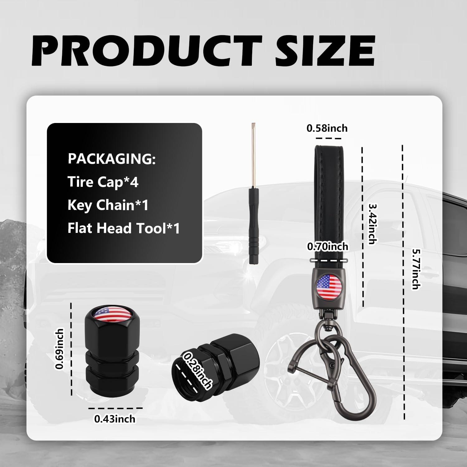 Car Key Chain & Car Tire Valve Caps Kit with US Flag Pattern,Stylish Keychain & Tire Valve Stem Caps as 4th of July Decorations,Cars Keychains Tires Air Cap Kit for Dust Protection
