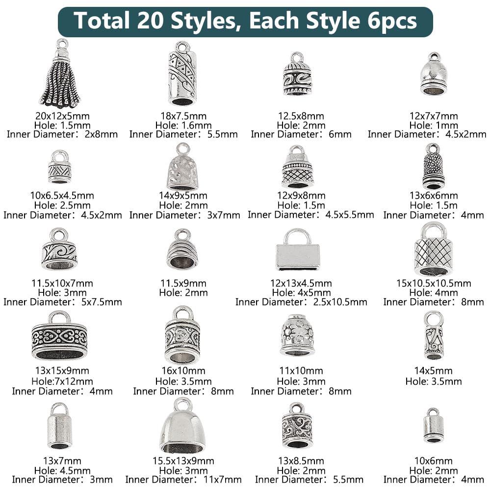 PH PandaHall 120pcs Cord End Caps 20 Styles Bead End Caps Tibetan Sliver Leather Cap Alloy Tube Barrel End Tip Crimp Covers Rope End Caps Craft for Necklaces Bracelet Jewelry Making