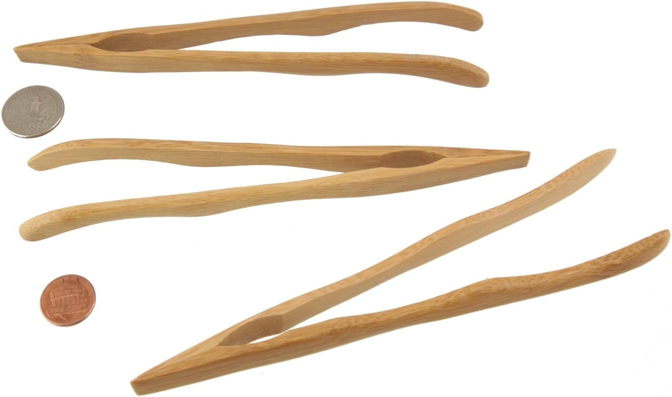 BambooMN 7" Reusable Bamboo Toast Tongs, Curved Arms, Carbonized Brown - 30 Pieces