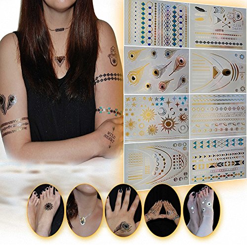 Metallic Temporary Tattoos - 150+ Color Flash Hot Fake Waterproof Tattoo Stickers Jewelry Inspired Temporary Tattoos in Gold, Silver, Black & Turquiose (8 Sheets)