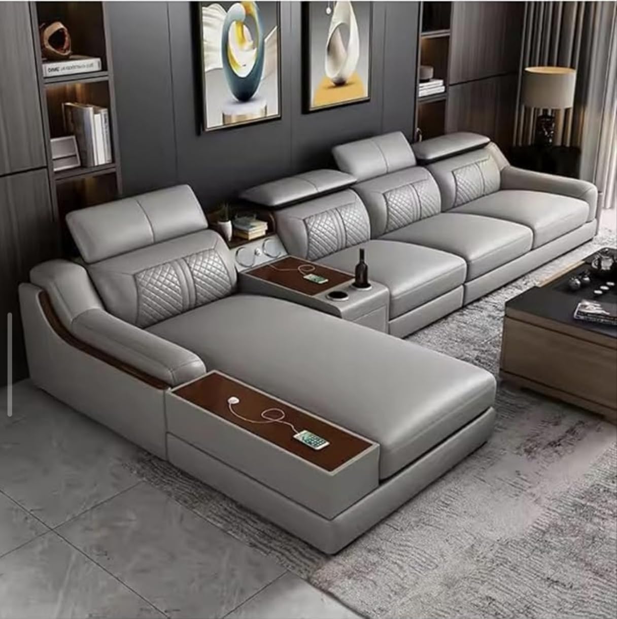 Rubberwood Luxurious Lounge Designer Sofa 2-Person Sofa 1 Side Bed Sofa Set For Drawing Room, Grey