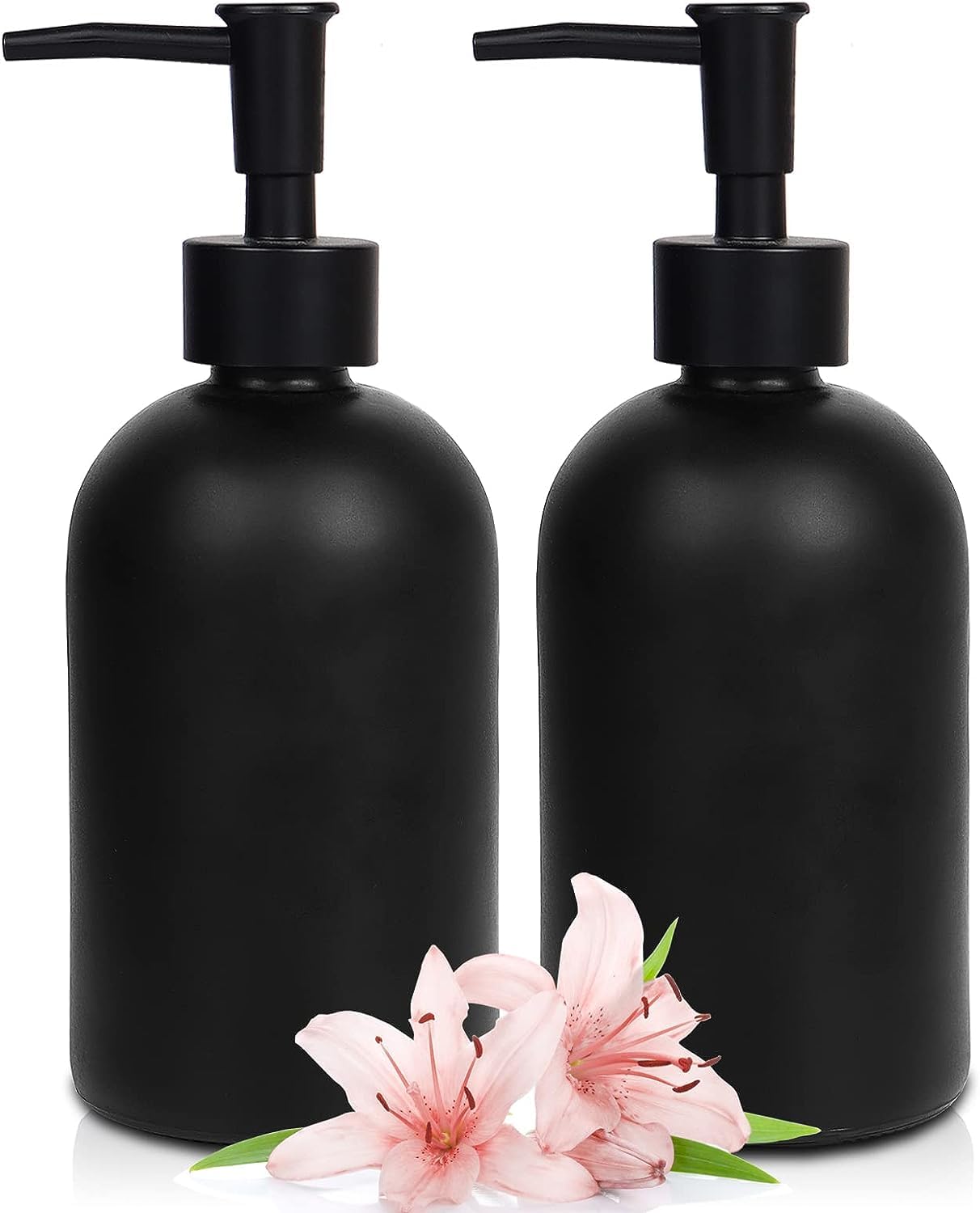 Frosted Black Glass Soap Dispenser Kitchen Sink Dish Soap Dispenser with Plastic Pump Bathroom Refillable Hand Soap Dispenser for Lotion Shampoo 14oz 2PCS