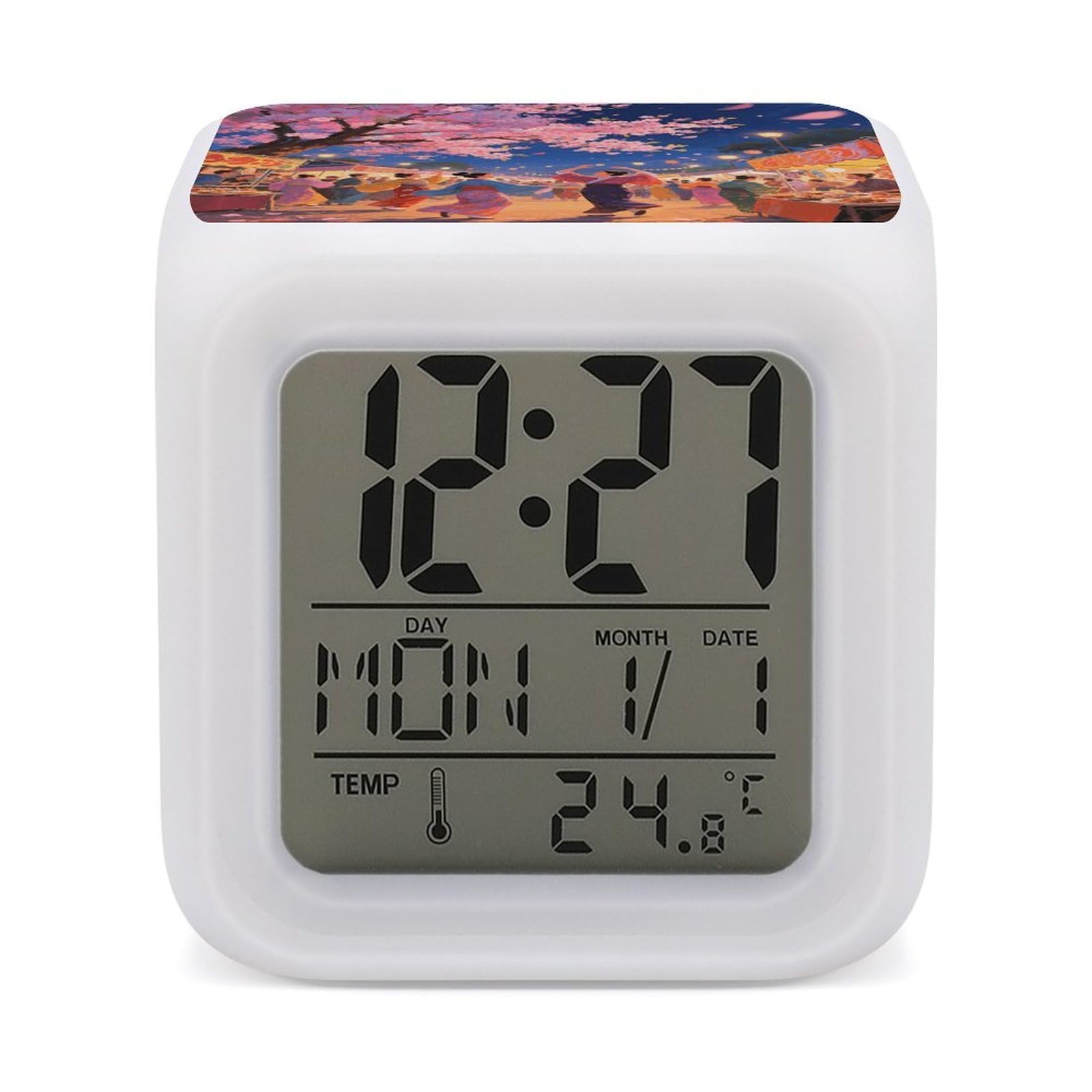 Reloj despertador con luz nocturna de 7 colores, diseño de flor de cerezo y temperatura
