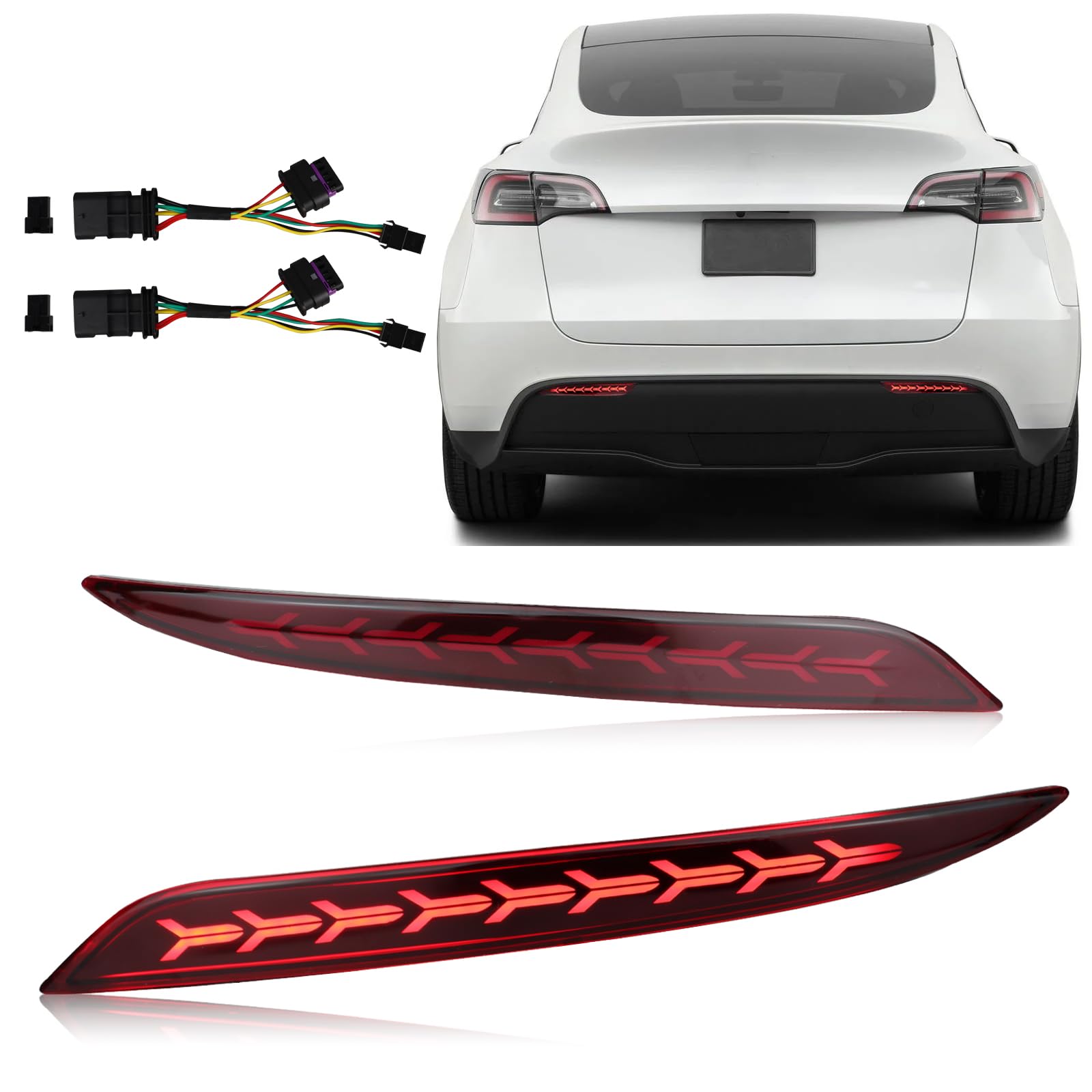 Photo 1 of GEEGEETOP Red Lens Rear Fog Bumper Reflector Brake Tail Sequential Flash Singal Lights Lamp 3 in 1 Arrow Style Compatible with Tesla Model Y 2021 2022 2023 Standard Performance (MODEL Y RED)