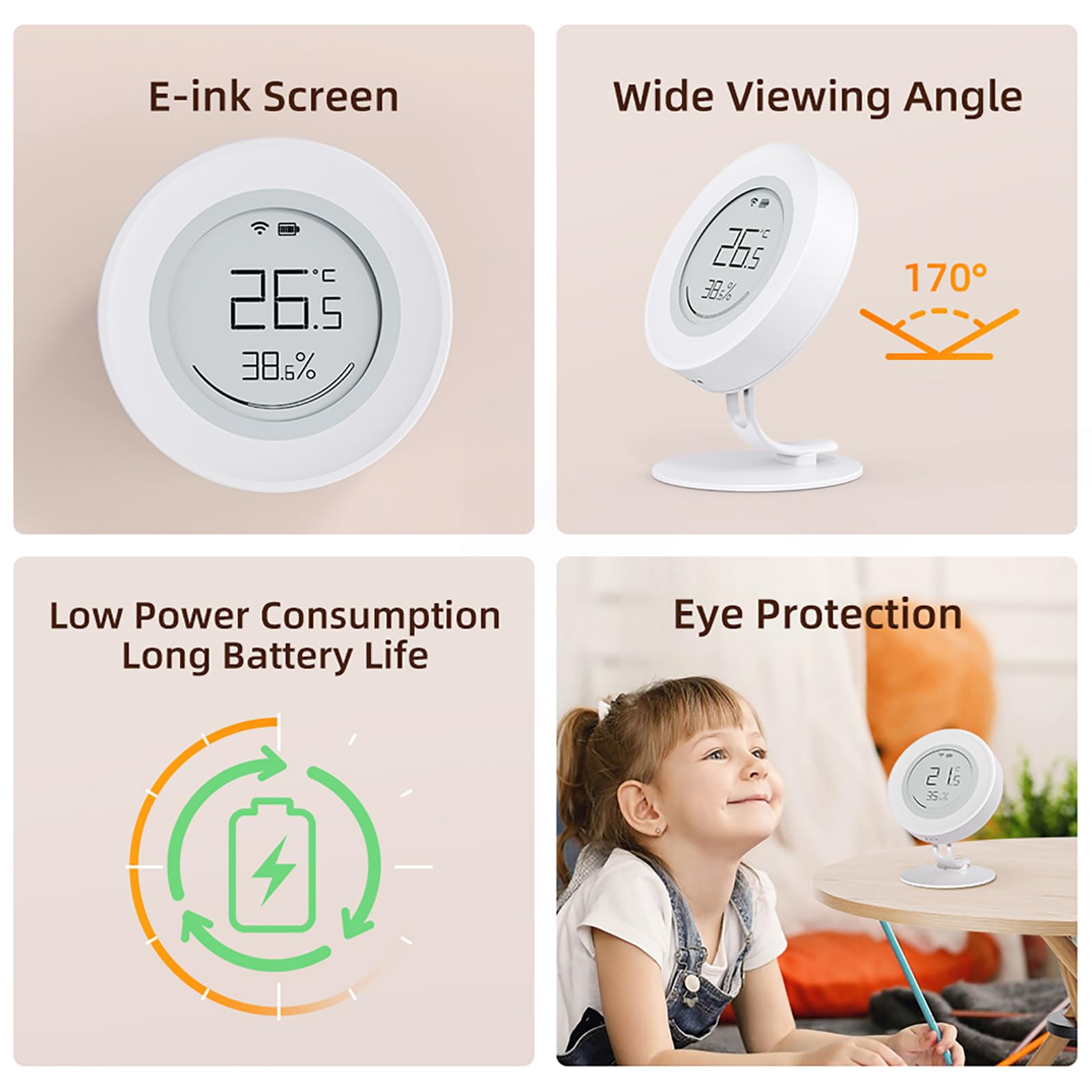 HUIOP Detector portátil de temperatura y humedad Hogar Oficina Habitación del bebé Higrotermógrafo Pantalla digital Medidor de temperatura y humedad Pantalla de tinta electrónica Probador de