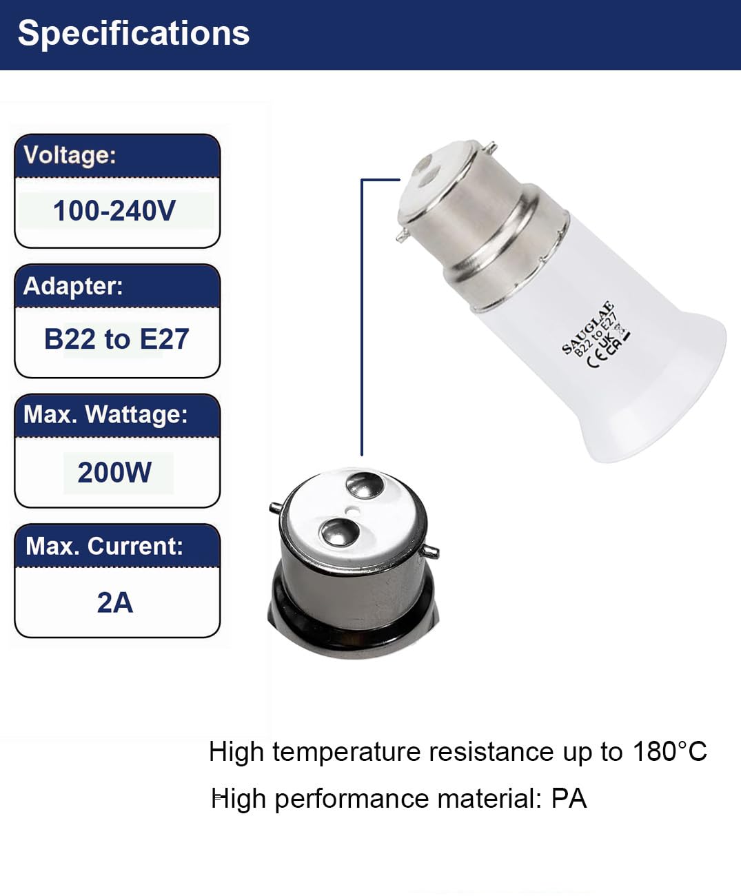 SAUGLAE B22 to E27 Socket Converter (200W Max), Bayonet to Screw Bulb Adapter for LED/CFL/Halogen Bulbs, Fireproof Housing - Image 3