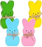 Easter Décor, 4 Pcs Bunny Table Decorations Wooden Spring Signs for Home, Wood Rabbit Tiered Tray/Mantal Décor for Farmhouse or Office Party Supplies
