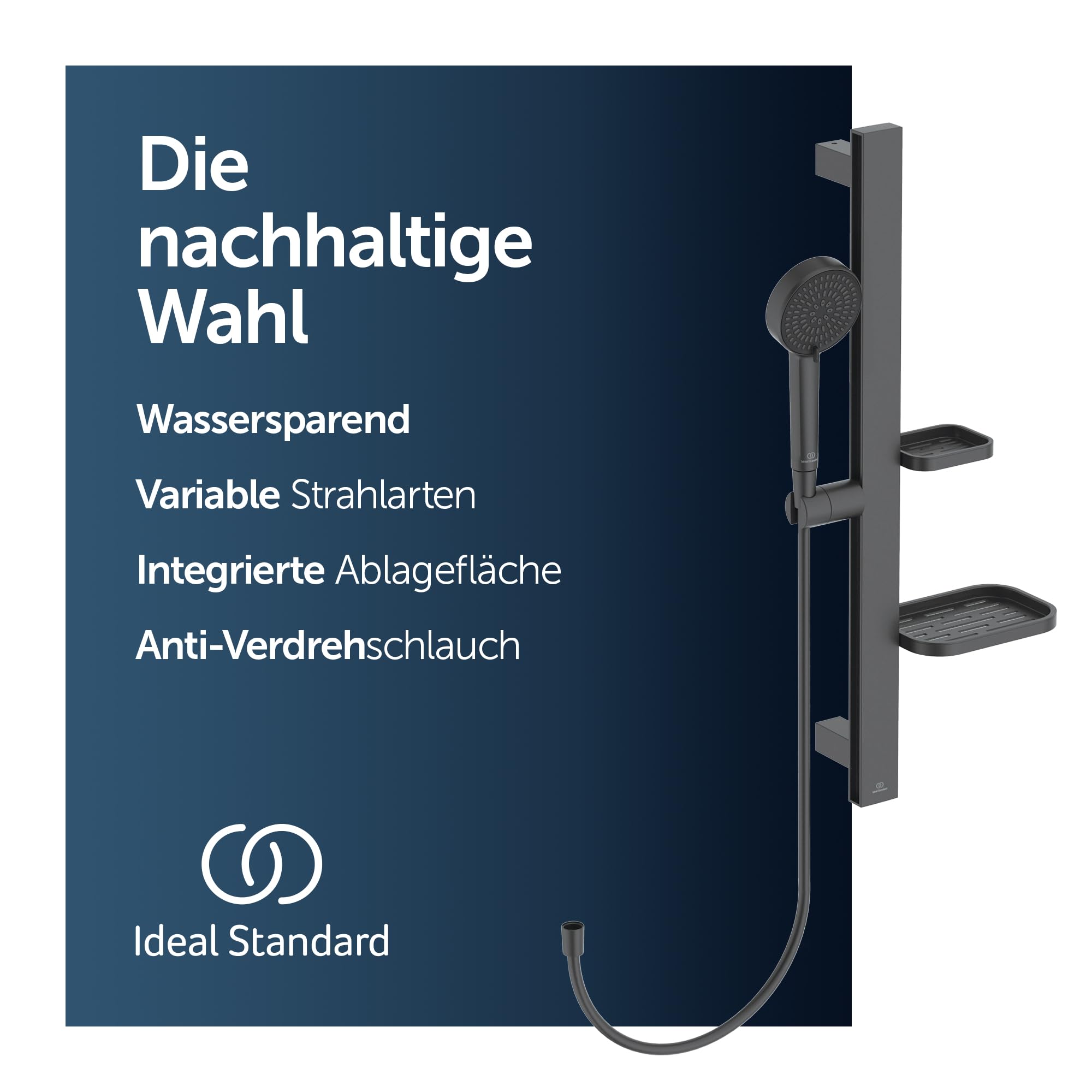 Ideal Standard Idealrain Alu+ Brausekombination, Wassersparender Duschkopf mit zwei Strahlarten (SilkRain und Rain) und verstellbaren Ablagen – Schwarz Matt (349x157x600 mm)