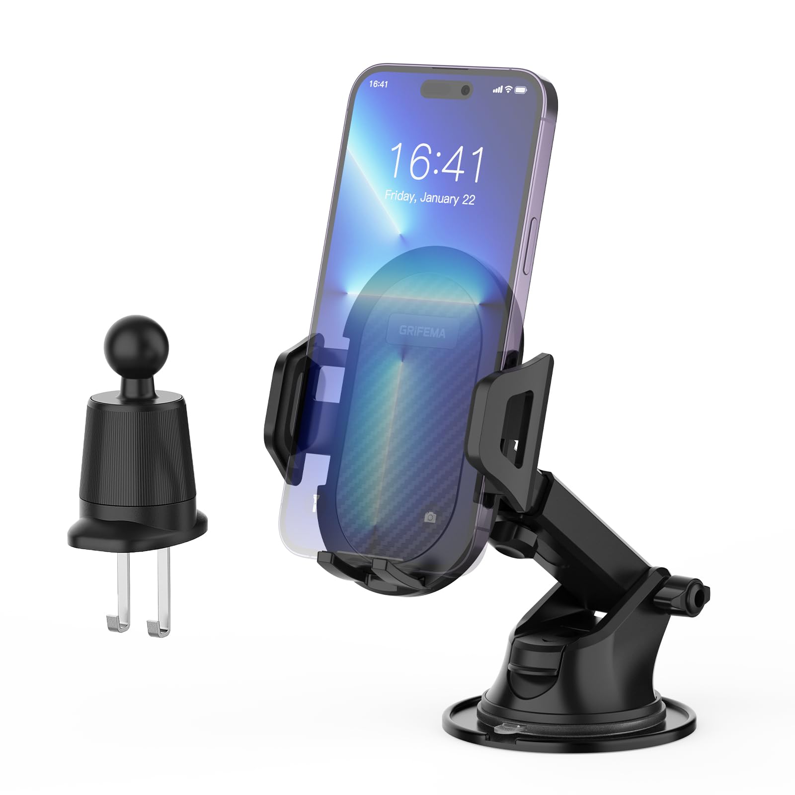 GRIFEMA Soporte Móvil Coche Universal con Ventosa y Clip de Rejilla, Fijación Estable en Salpicadero y Parabrisas, Rotación 360°, Uso con Una Mano, Compatible con Móviles de 4,7 a 7,2 Pulgadas Global Recycled Standard Global Recycled Standard Global Recycled Standard