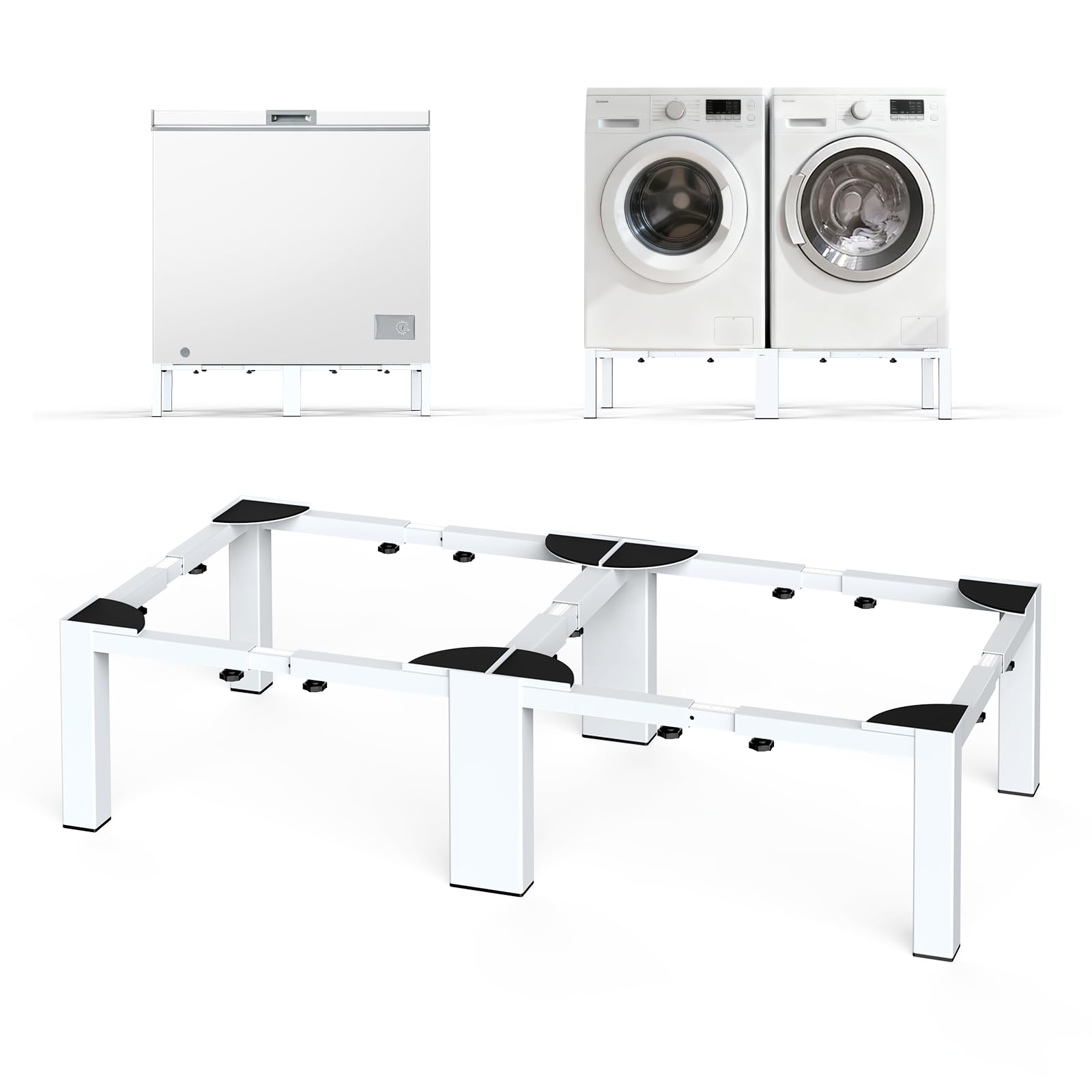 SKM Washer and Dryer Pedestals Adjustable Universal Stand 40.9-66.14" L 20.47-33.07" W Heavy Duty Steel Laundry Pedestal 7 Legs 441LB for Front Load Washer Dryer Refrigerator, White