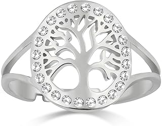Dreamtimes Tree of Life Rings for Women Adjustable Opening Ring Stainless Steel Gold Color Clear Zircon Round Rings Family Tree Fashion Charm Luxury Jewelry Wedding Ring