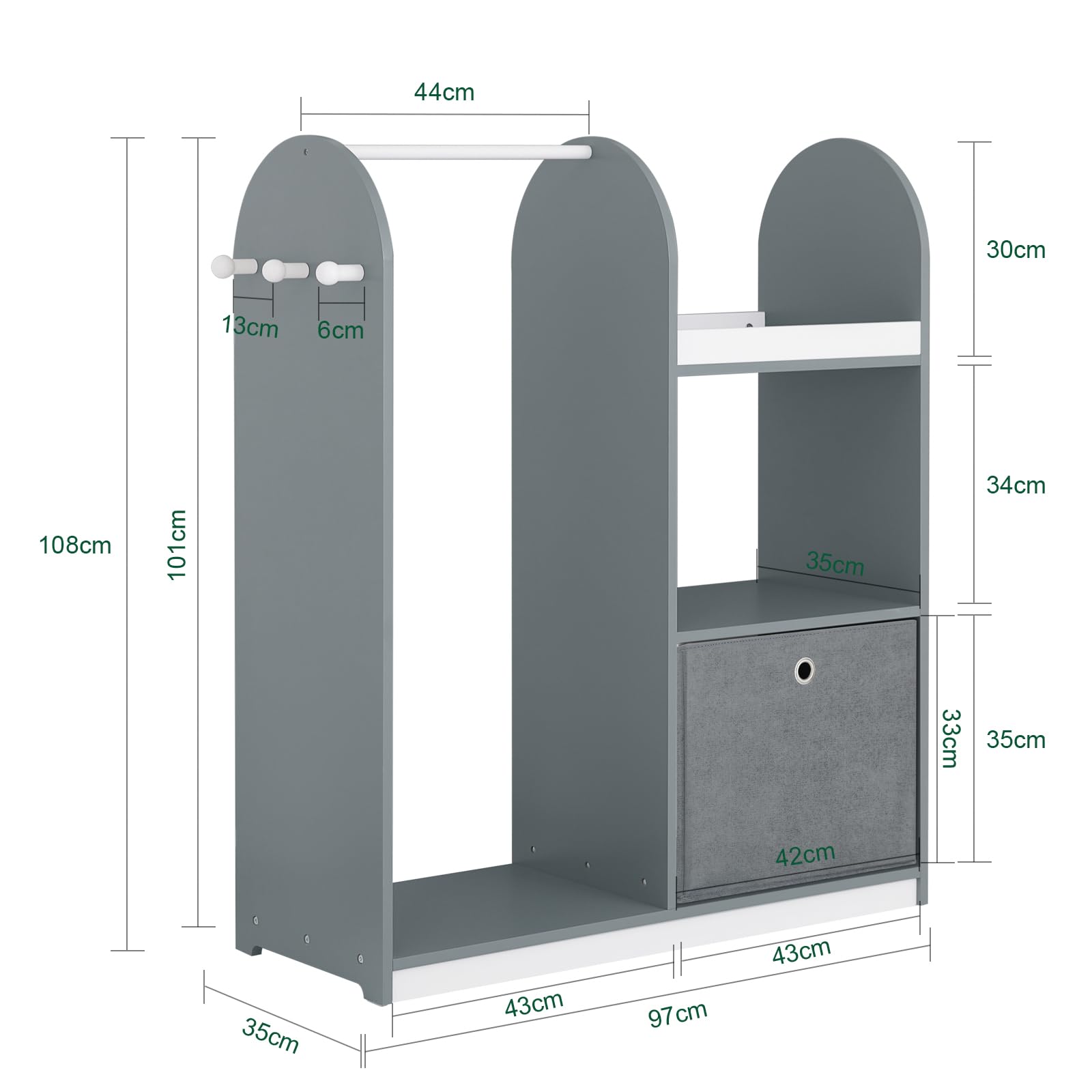 SoBuy Armadio Bambini 3 Scomparti Contenitore Tessuto Ganci Laterali Guardaroba Grigio 97x35x108 KMB40-HG