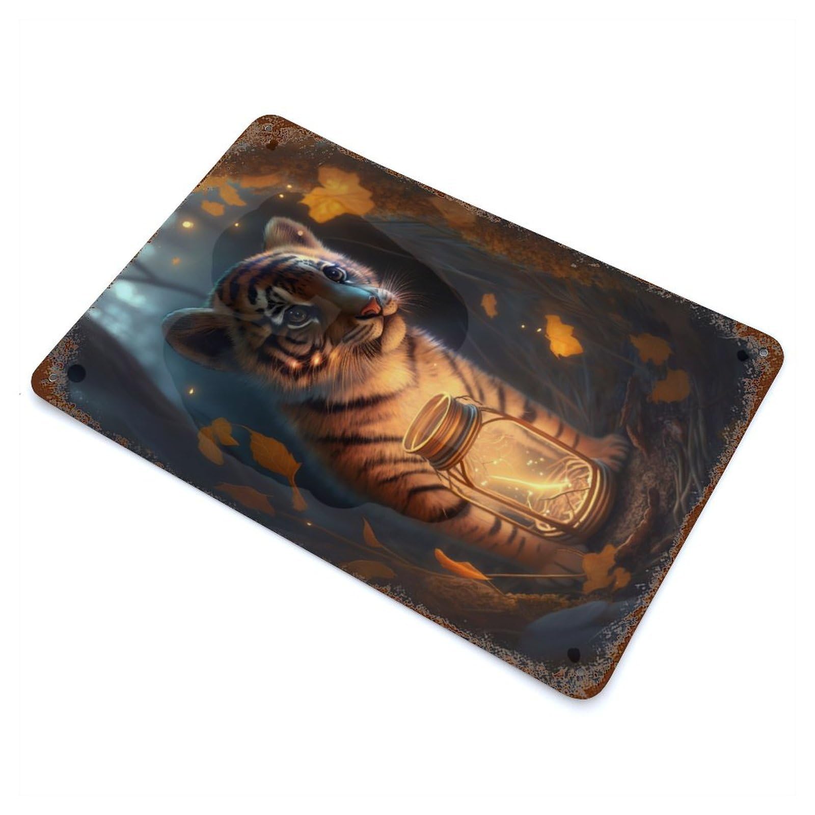 Retro Metal Sign with Tiger Cub Glow Design 11.8"x7.9", for Bistro, Counter And Cafe Decor, Shabby Chic Decor