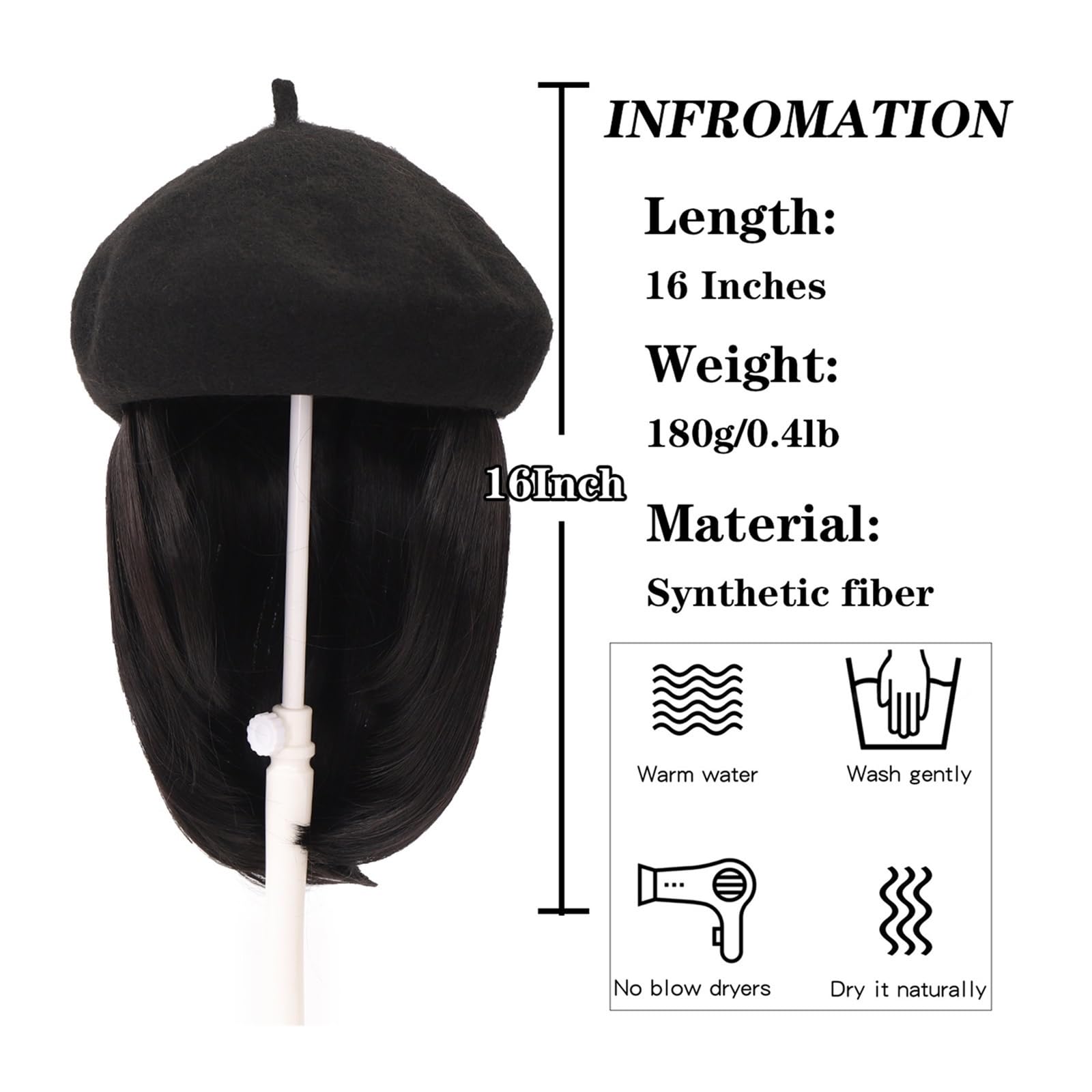 JUNXIAN Wig Cap Wig Ladies Hat Wig Short Straight Synthetic Wig Black Hair Extensions 16 Inches Straight Hair For Ladies Wig Hat(4)