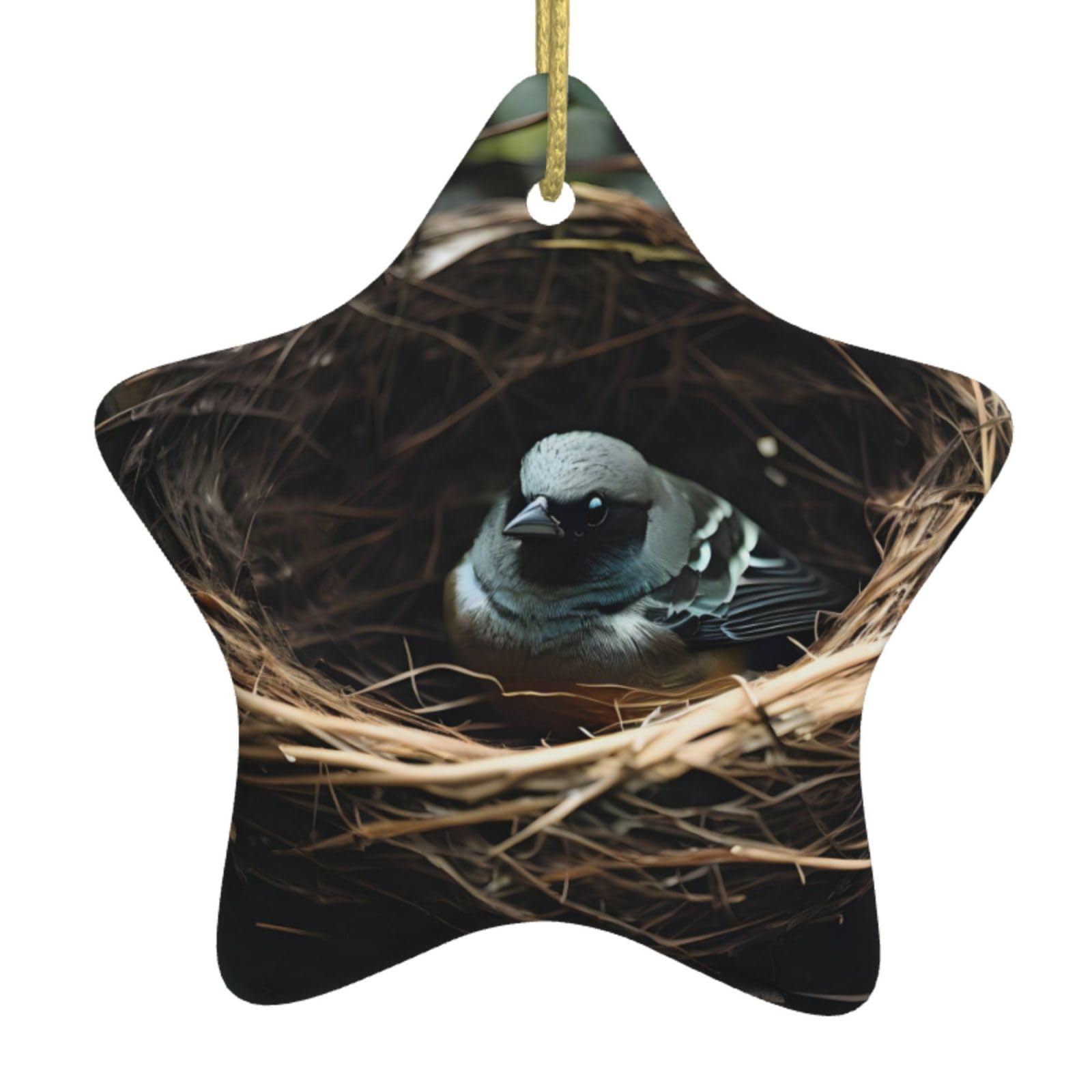 Little Bird nest Christmas Ceramic Star Pendant with Punched Holes and Gold Wire Rope, Christmas Tree Home Decoration