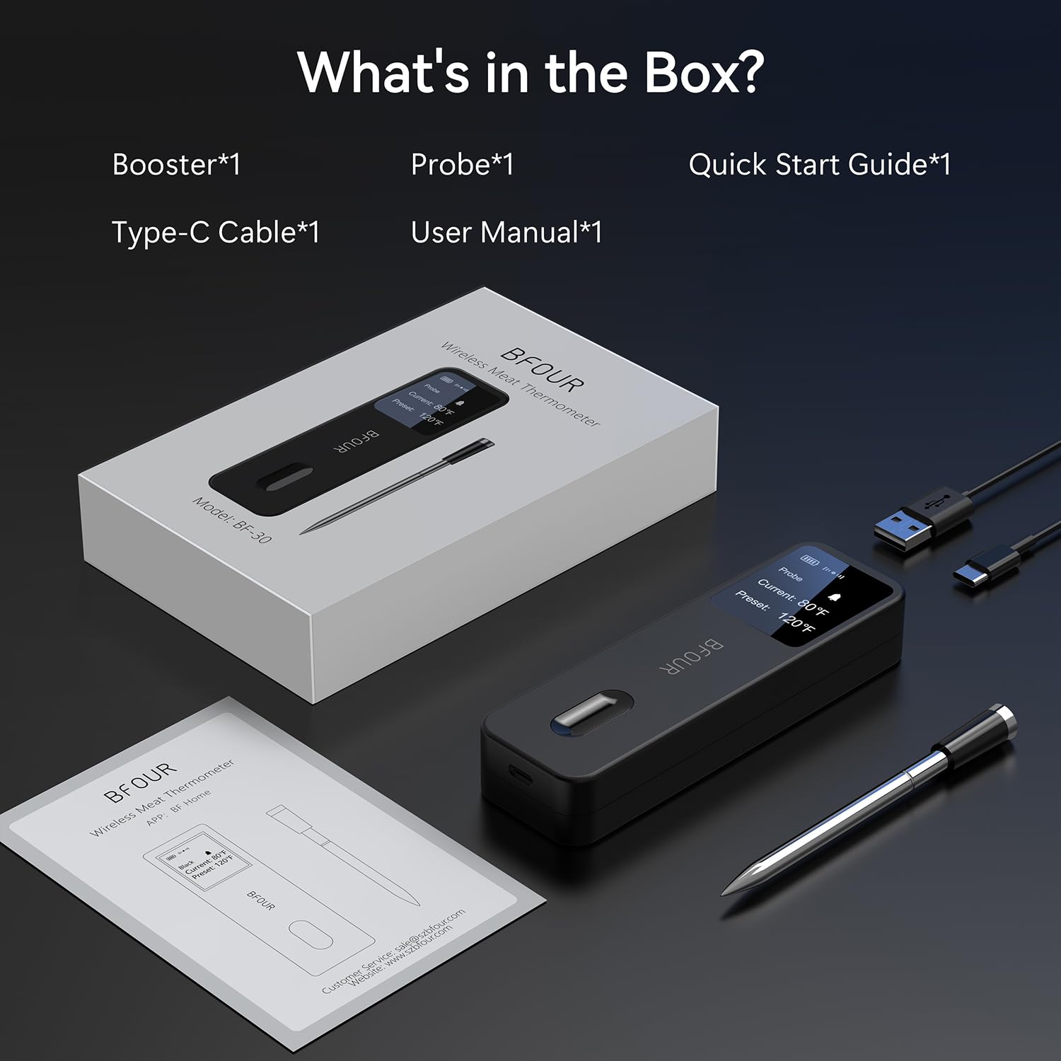 BFOUR BF-30 PRO Thermomètre à viande sans fil, écran LCD, Bluetooth, portée de connexion par application, 100 % étanche, intérieur et extérieur, pour barbecue, four, fumage, rôti, rôti