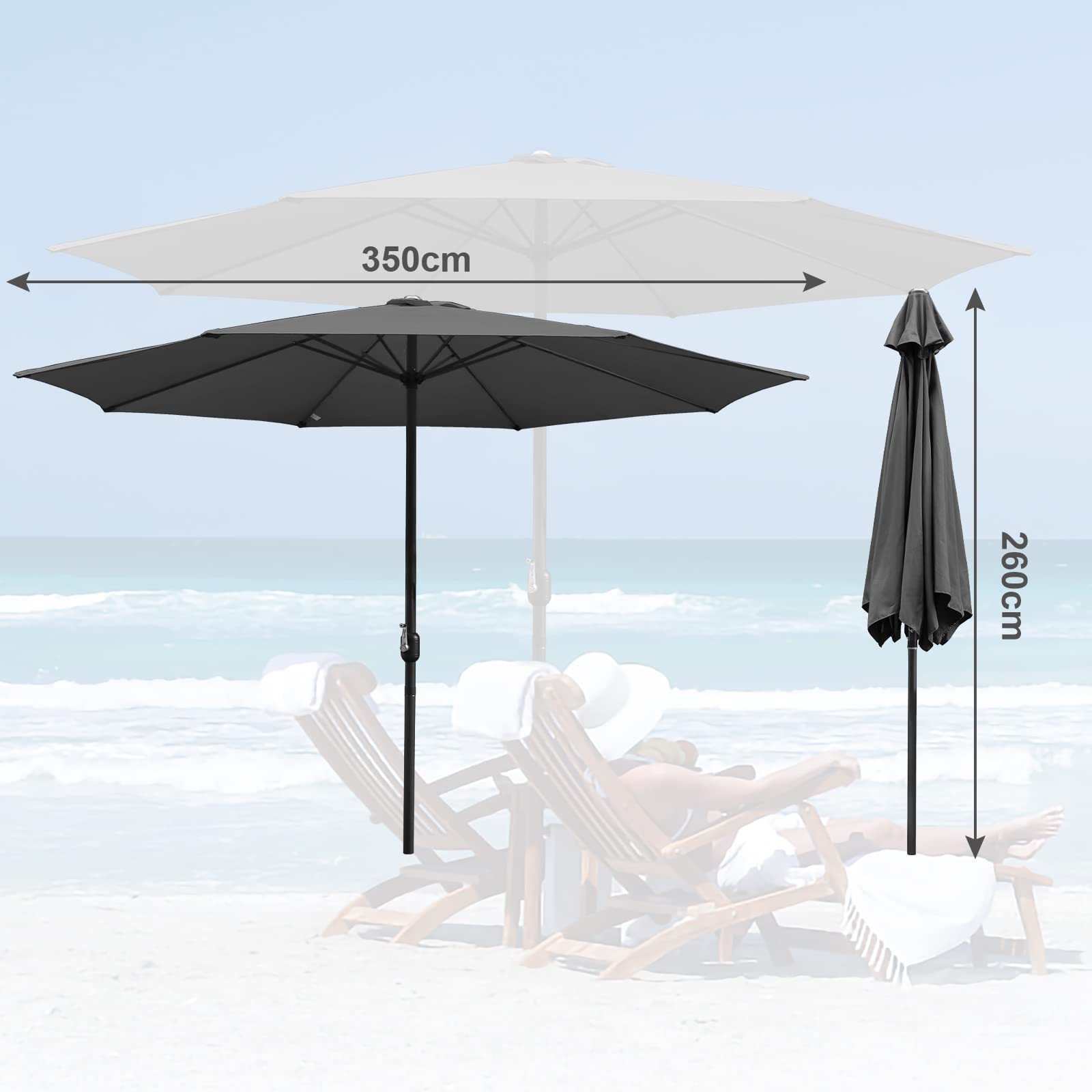 Sonnenschirm 270/350 cm, UV50+ Gartenschirm mit Handkurbel, 100% Polyester, 38 mm Mast, je nach Modell mit Solar-LED oder Neigefunktion, für Garten Terrasse Balkon, ohne Ständer