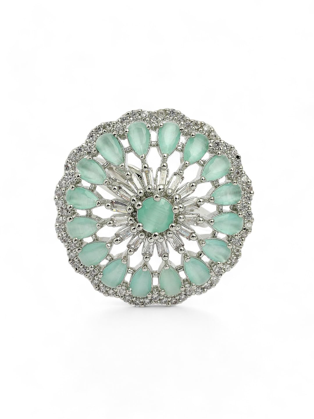 Sea Green CZ Stone-Studded Brass Adjustable Finger Ring For Women & Girls-image-24