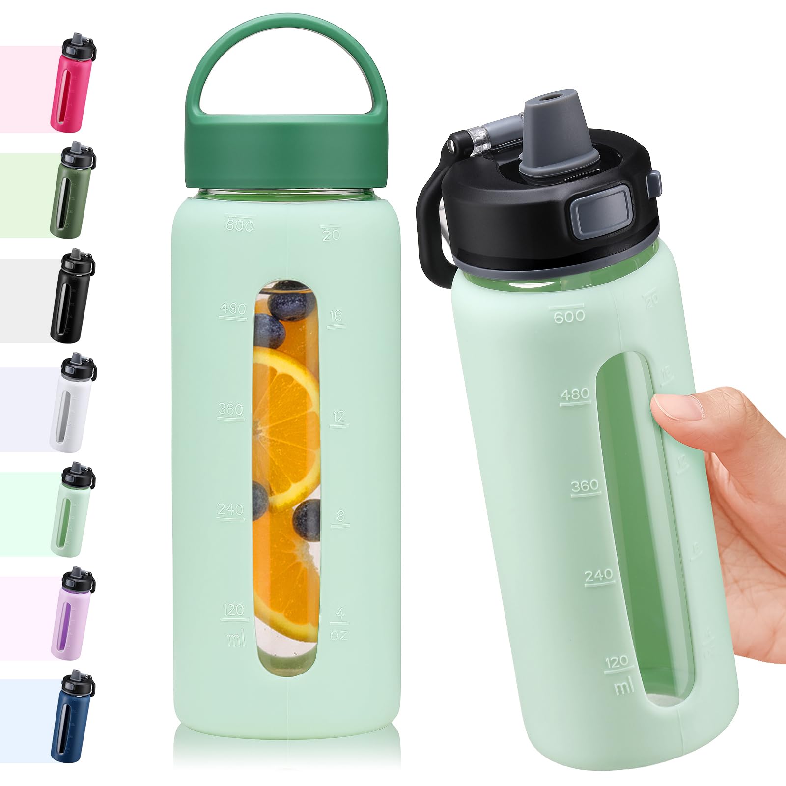 BLUEGO 600ml Glass Water Bottle with 2 Lids-One-touch Lock Lid and Handle Lid Reusable Drinking Bottle with Time Marking for Travel Home Gym Sports BPA Free, Light Blue — image 1