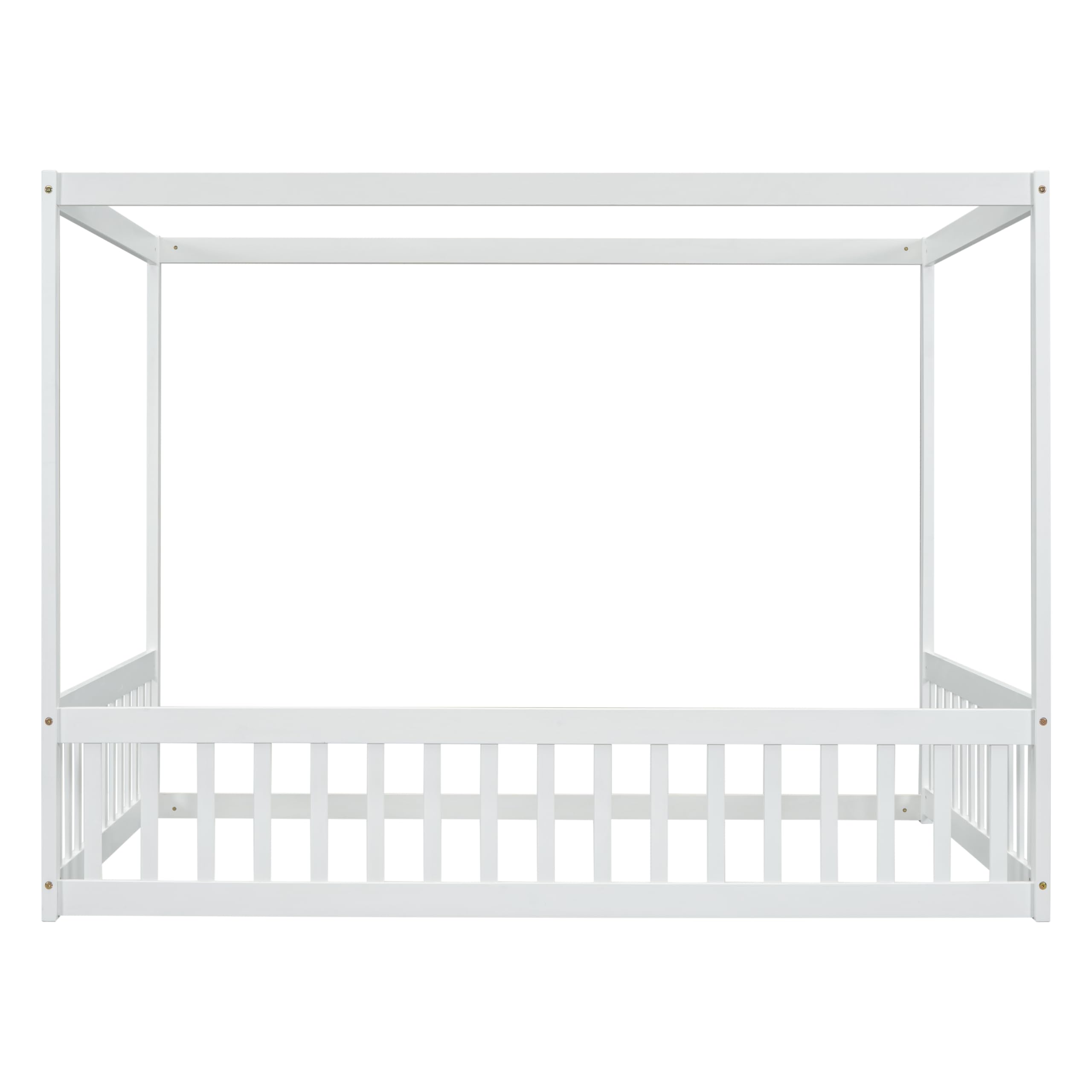 FEMICON Enhance Imagination with Full Size Canopy Floor Bed, Wooden Frame with Guardrails, for Kids, White