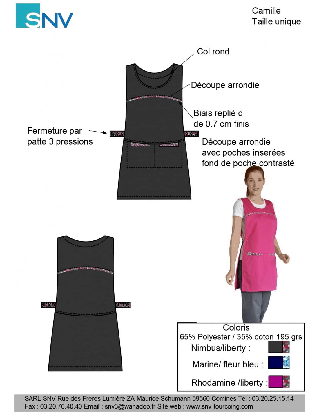 SNV tablier ménage femme Chasuble médicale avec 2 poches droite basse Tablier professionnel adulte médicale - réglable par pattes boutons pressions Polyester/coton
