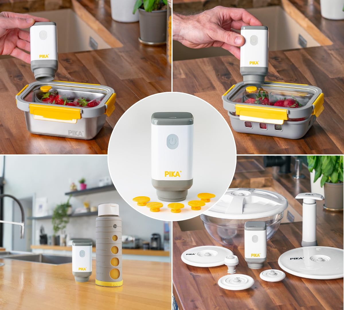 PIKA - Pompe sous vide électrique + 5 valves pour boites alimentaires Pika | Appareil de mise sous vide alimentaire : conservation 3 à 5 fois plus longue