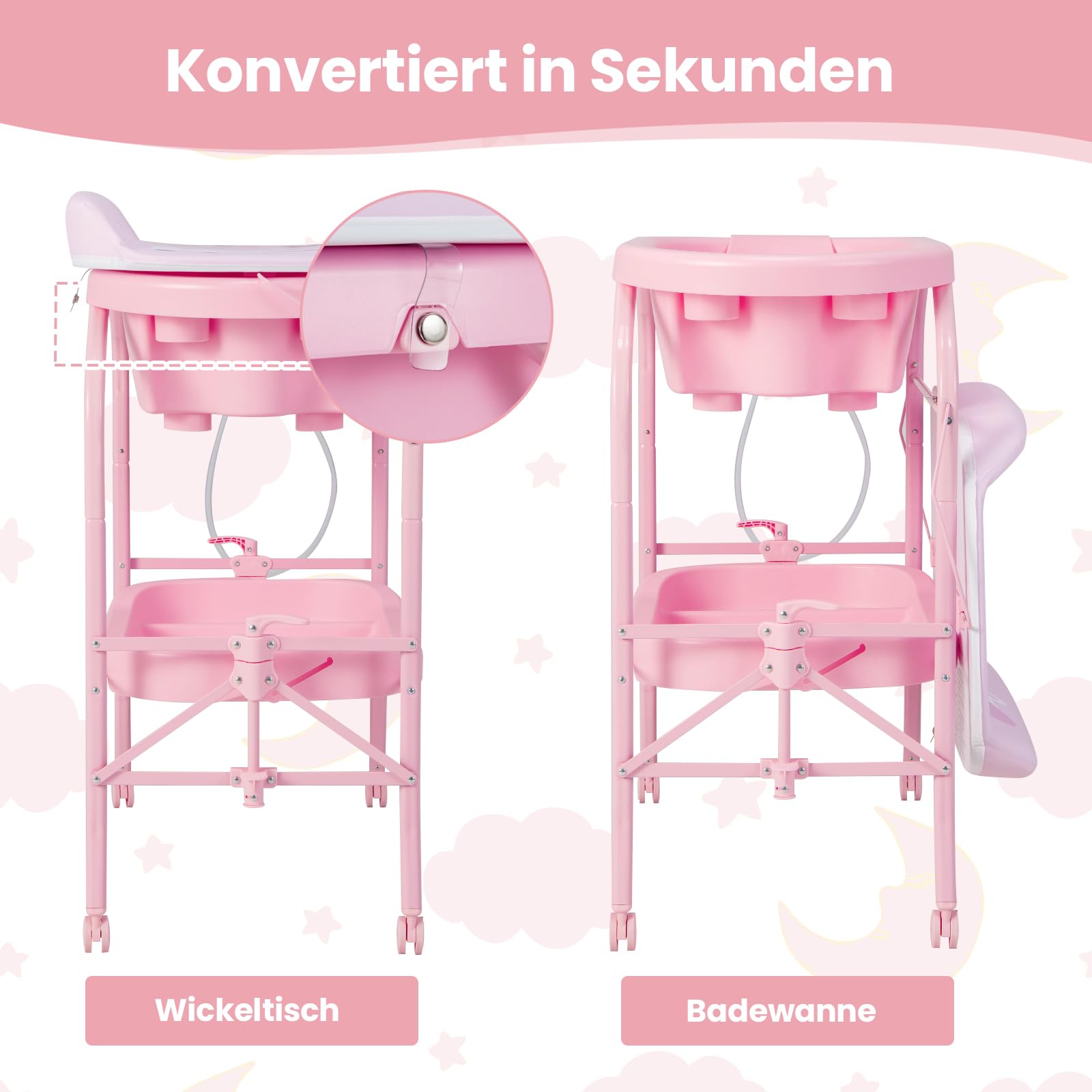 COSTWAY 4 in 1 Wickeltisch klappbar mit Badewanne, tragbare Wickelkommode mit Wickelauflage, mobile Wickelstation mit Universalrädern für 0-12 Monate Baby, bis 35 kg belastbar (Rosa)
