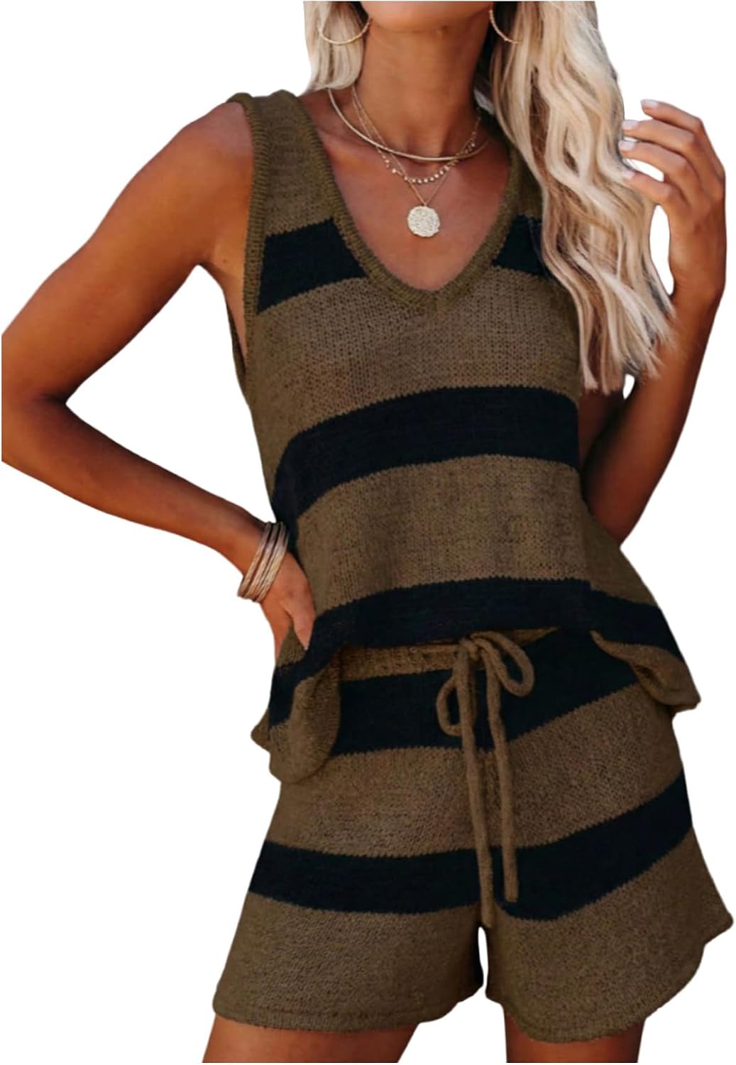 SOLY HUX Women's 2 Piece Summer Vacation Outfits Striped Knit V Neck Tank Tops and Shorts Casual Beach Matching Set