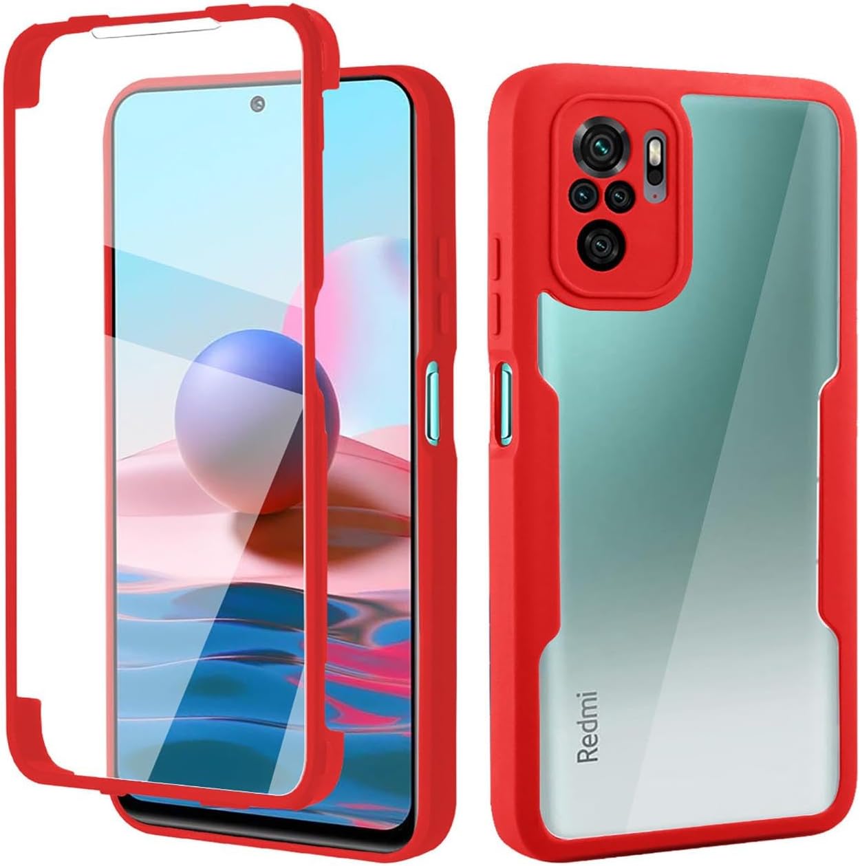 Trasparente Case for Xiaomi Redmi Note 10 4G/Redmi Note 10S/POCO M5s, 360° Full Body Protection Shockproof Cover with Built-in Screen Protector, Ultra Thin Hard PC Silicone TPU Bumper Case (Red)