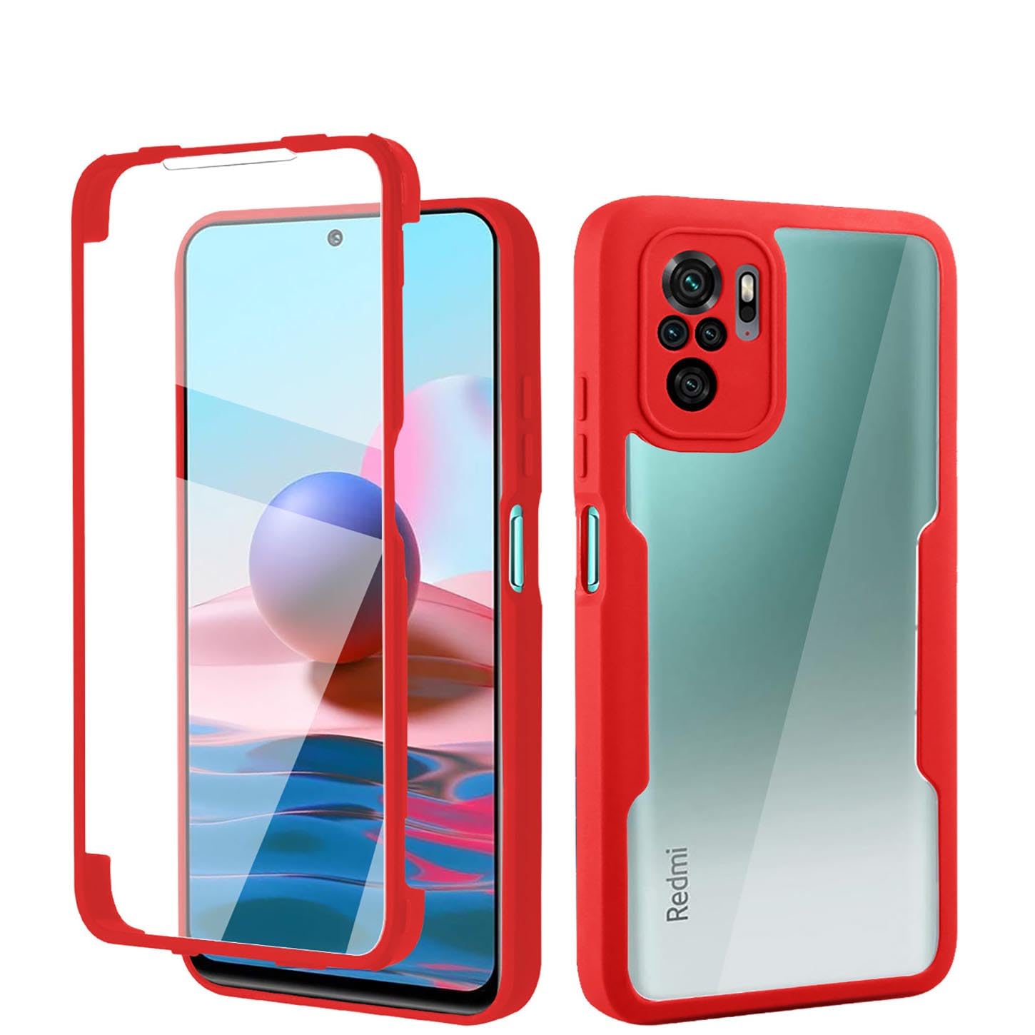 Trasparente Case for Xiaomi Redmi Note 10 4G/Redmi Note 10S/POCO M5s, 360° Full Body Protection Shockproof Cover with Built-in Screen Protector, Ultra Thin Hard PC Silicone TPU Bumper Case (Red)