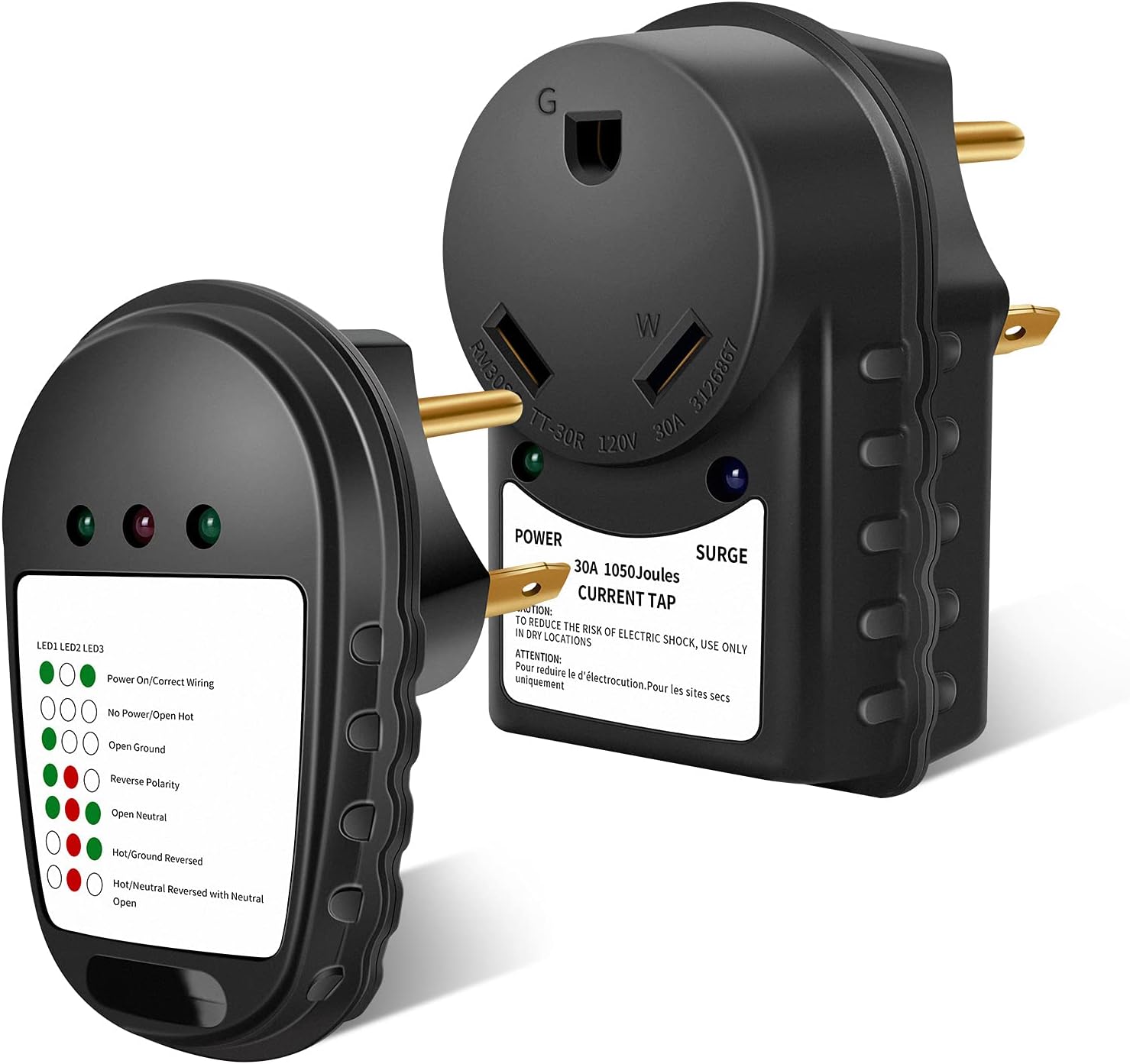 AutoEC 30 Amp RV Surge Protector Circuit Tester 30 amp 1050 Joules Surge Protector with LED Indicator Light ETL Listed Nema TT-30P TT-30R Power Analyzer for RV Camper Trailer Van