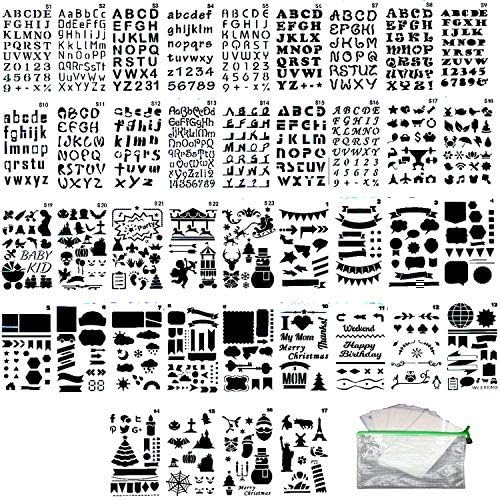 Fartime 40Pcs Letter,Number,Multiple Shapes and Icons Stencils with A Storage Bag for Diary/Notebook/Scrapbook DIY Drawing Template Journal Stencils 4x7 Inch