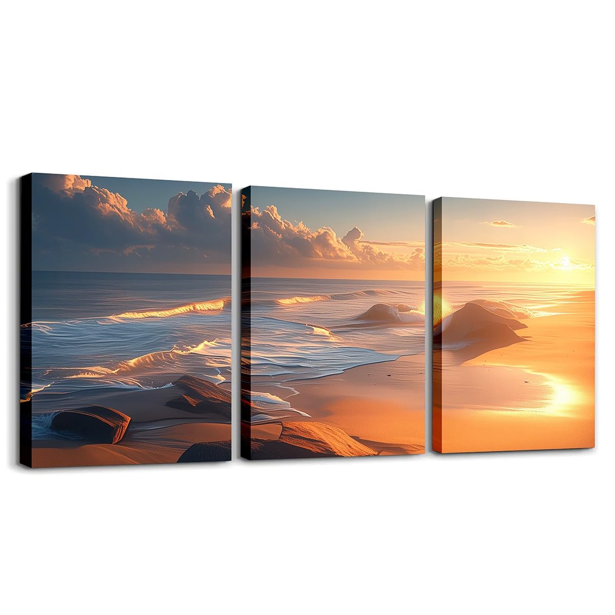 Homewish Wave Print Canvas Wall Art Set of 3 for Living Room Bedroom, Sunset Scenery Paintings Wall Decor Blue Beach Wall Art Rustic Farmhouse Poster Prints Ocean Sea Wave Decor Artwork Prints
