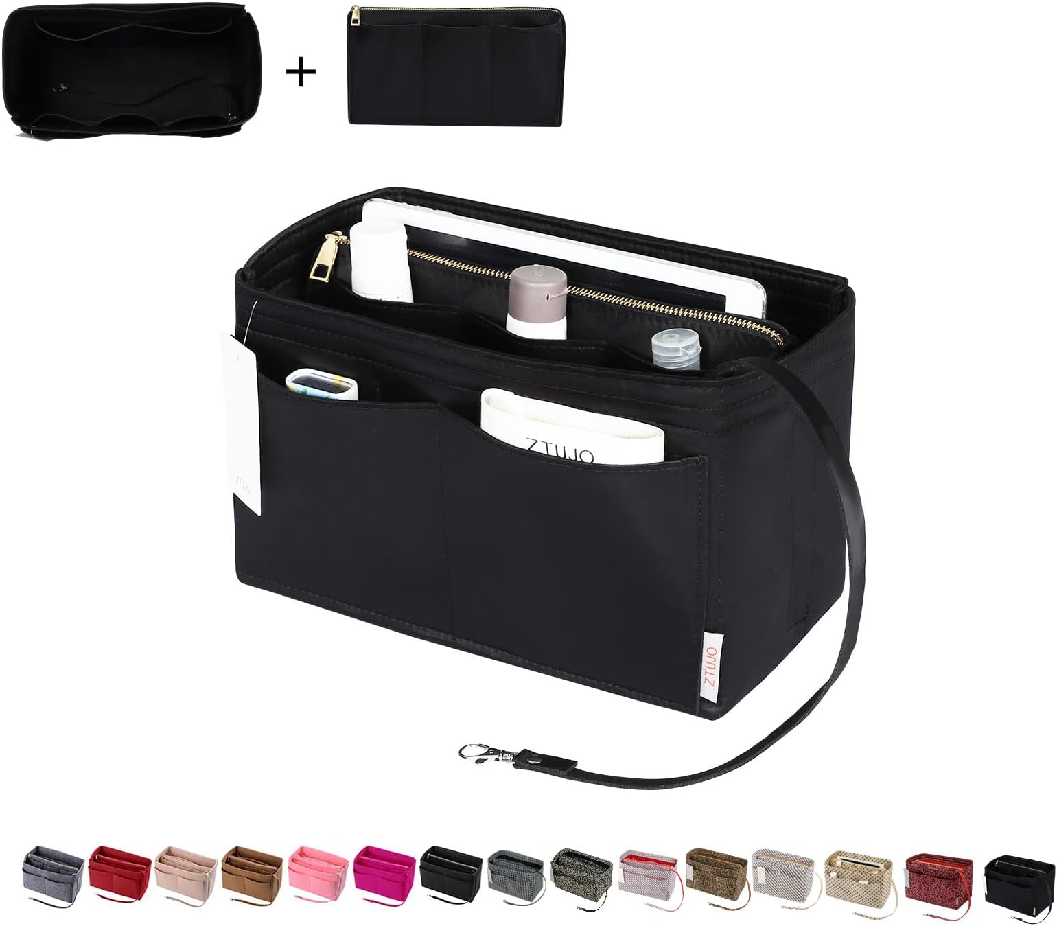 ZTUJO Purse Organizer Insert, Felt Bag Organizer with Metal Zipper, Handbag & Tote Shaper, For Speedy Neverfull Tote, 7 Sizes(X-Large,Ebony)