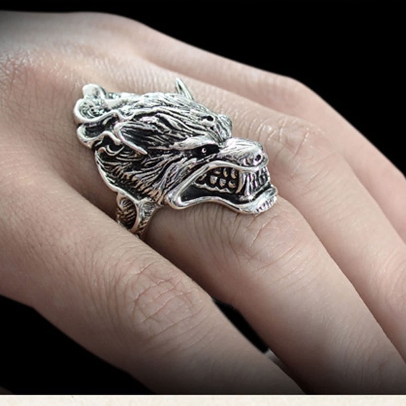 Gualiy Anillos de plata 925 para hombre, anillos de promesa masculinos, S925 de plata Punk Rock Wolf Head Anillo de boda tamaño O 1/2 - X 1/2, Sin piedras preciosas,