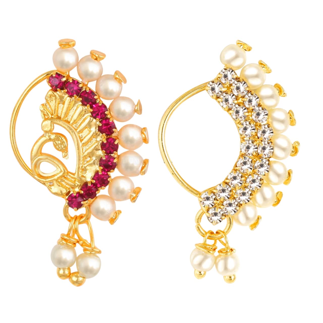 Vivastri Premium Gold Plated White Pearl,Moti Beaded Alloy Nath,Nathiya,Nosepin,Nosering,Guttapusalu For Women & Girls -VIVA1018-1011NTH-Press