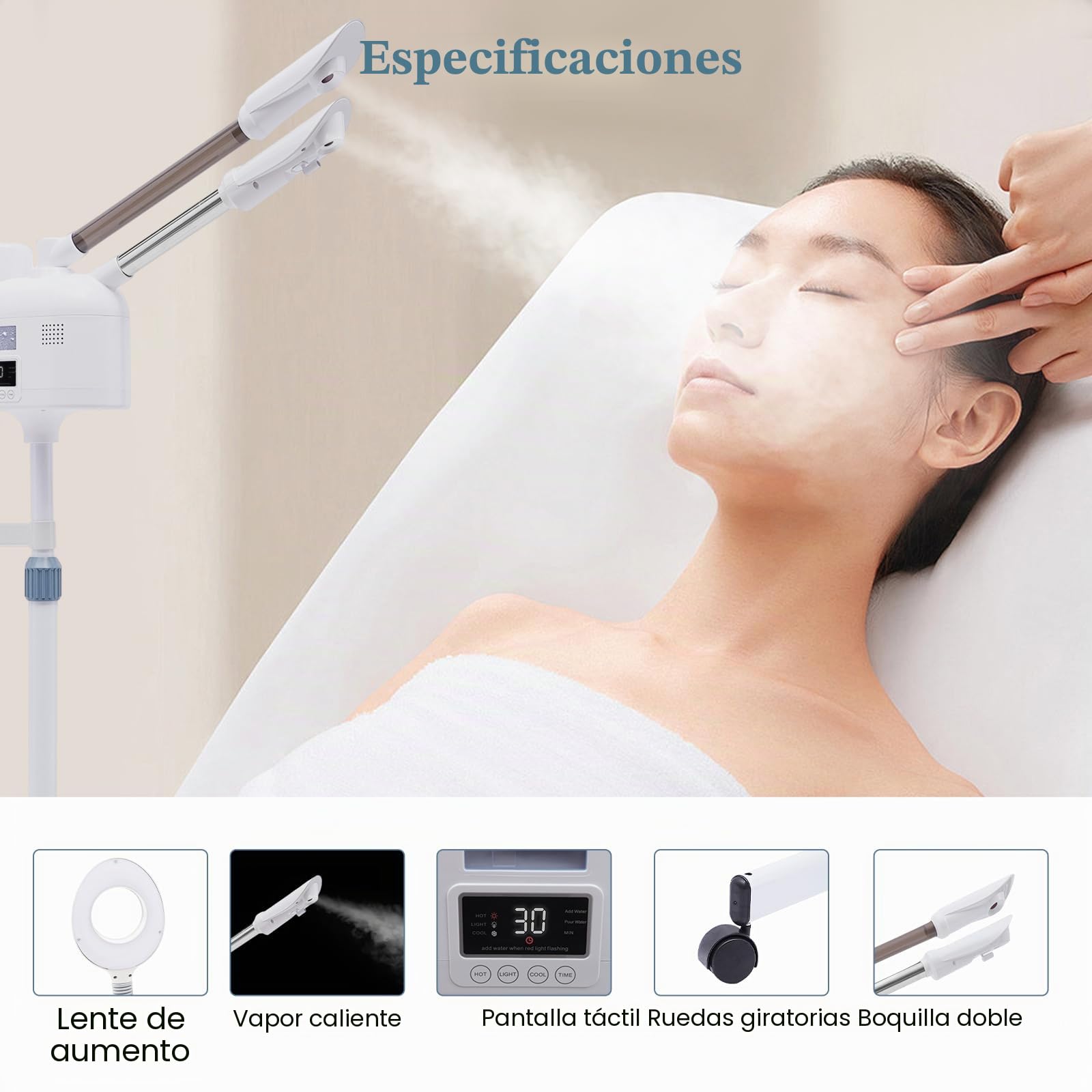 Vapozone Estética Profesional 3 en 1 Vapor Facial Cara Con Luz LED y Lupa Altura Ajustable Modo Caliente y Frío Boquilla Giratoria 360°, Para Salón de Belleza