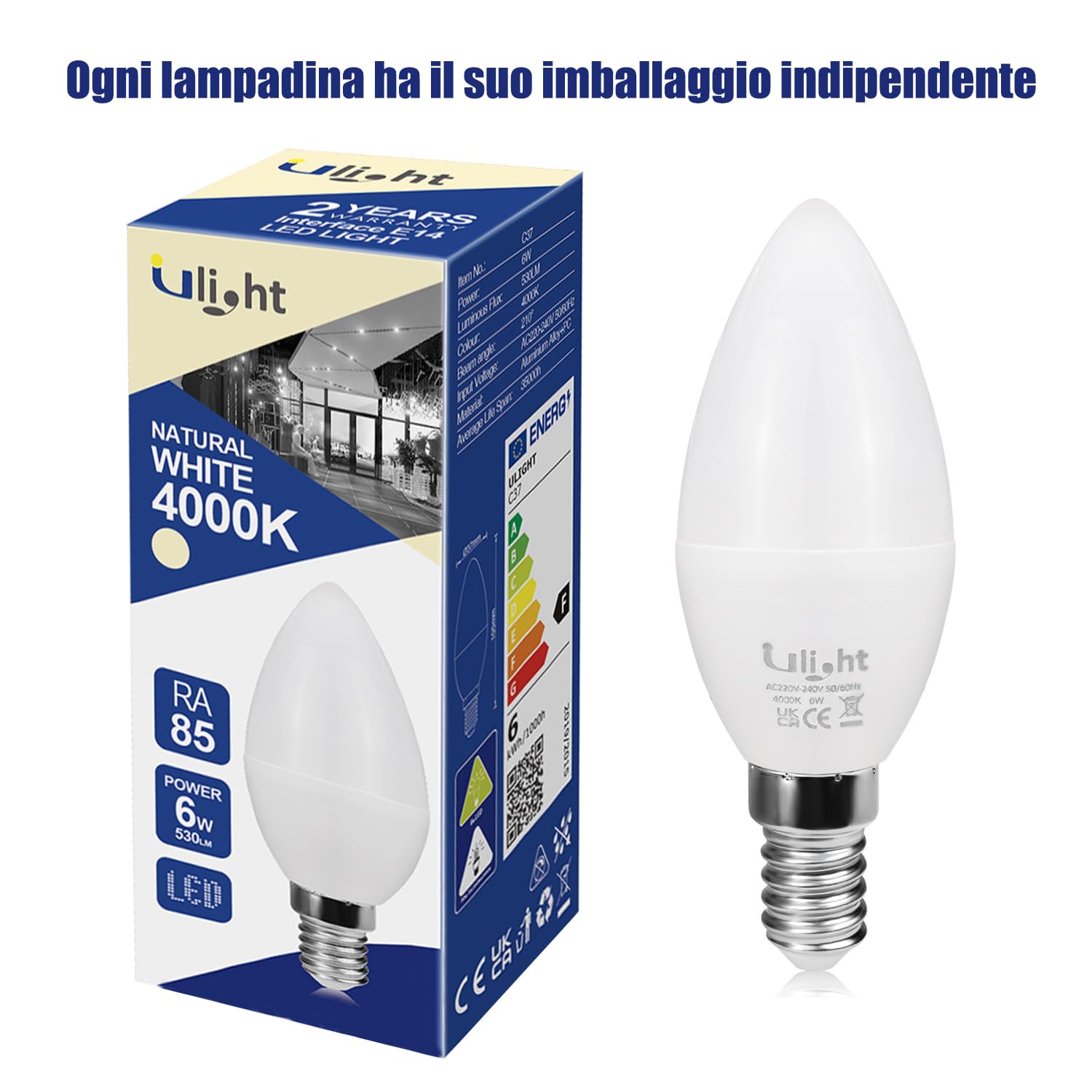 ULIGHT Lampadina LED E14 Oliva, 6W Equivalente a Incandescente da 50W, Luce Bianca Fredda 6000K, 550 Lumen, 220V-240V Non Dimmerabile, Fascio Luce 210°, Confezione da 10 Pezzi