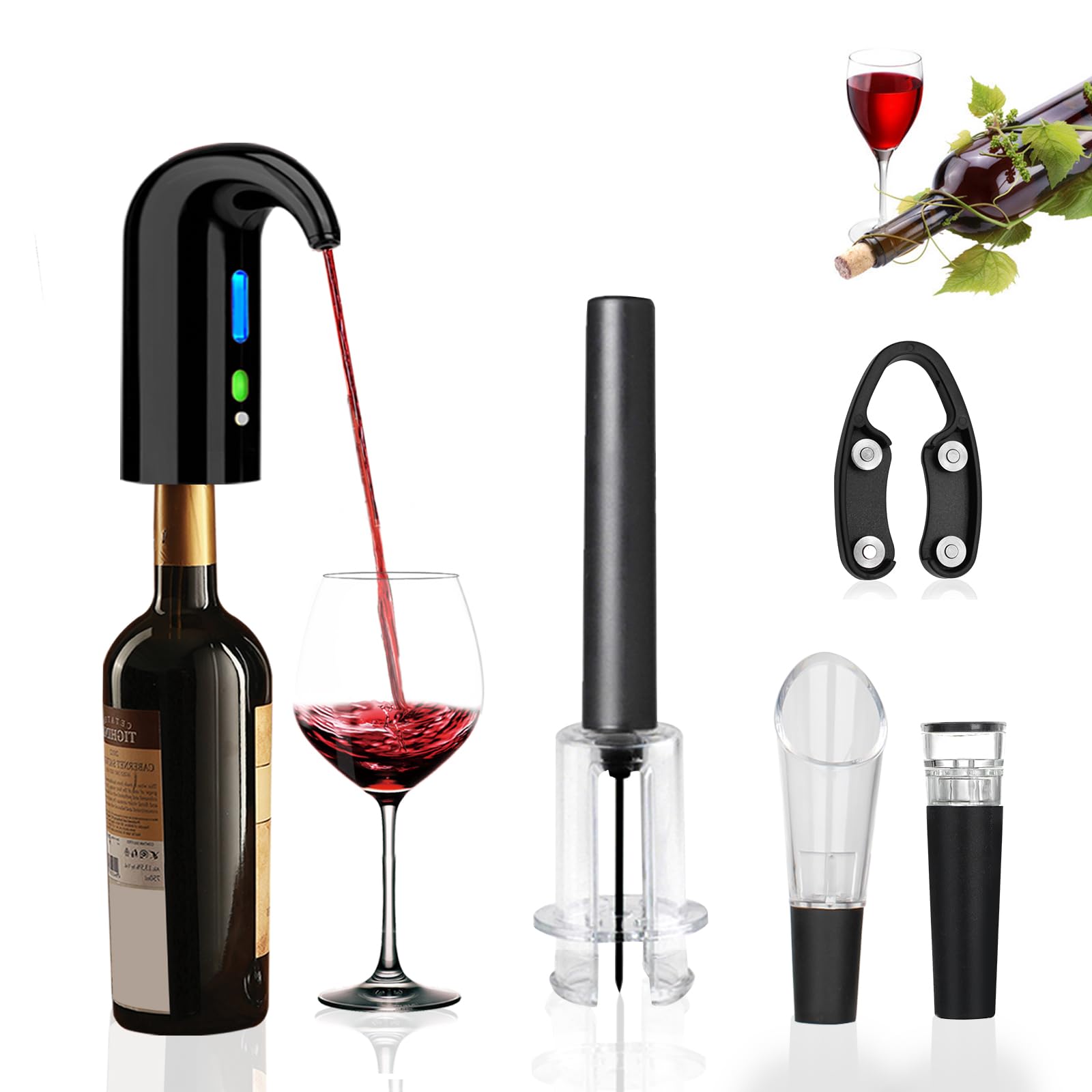 Electric Wine Aerator Opener Set, Electric Wine Decanter+Air Pump Wine Opener+Wine Foil Cutter+Vacuum Wine Stopper Gift Set for Wine Lovers Beginner Enthusiast