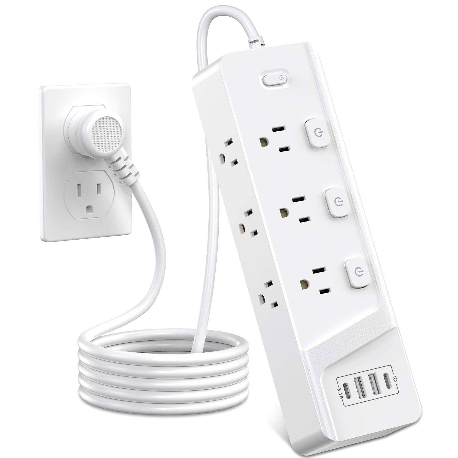 HITRENDS 6-Outlet Power Strip with 4 USB Ports (2 USB-C), 6Ft Extension Cord, Individual Switches, 1250W/10A Desk Power Strip with Overload Protection for Home Office, Dorm, Bedroom, White