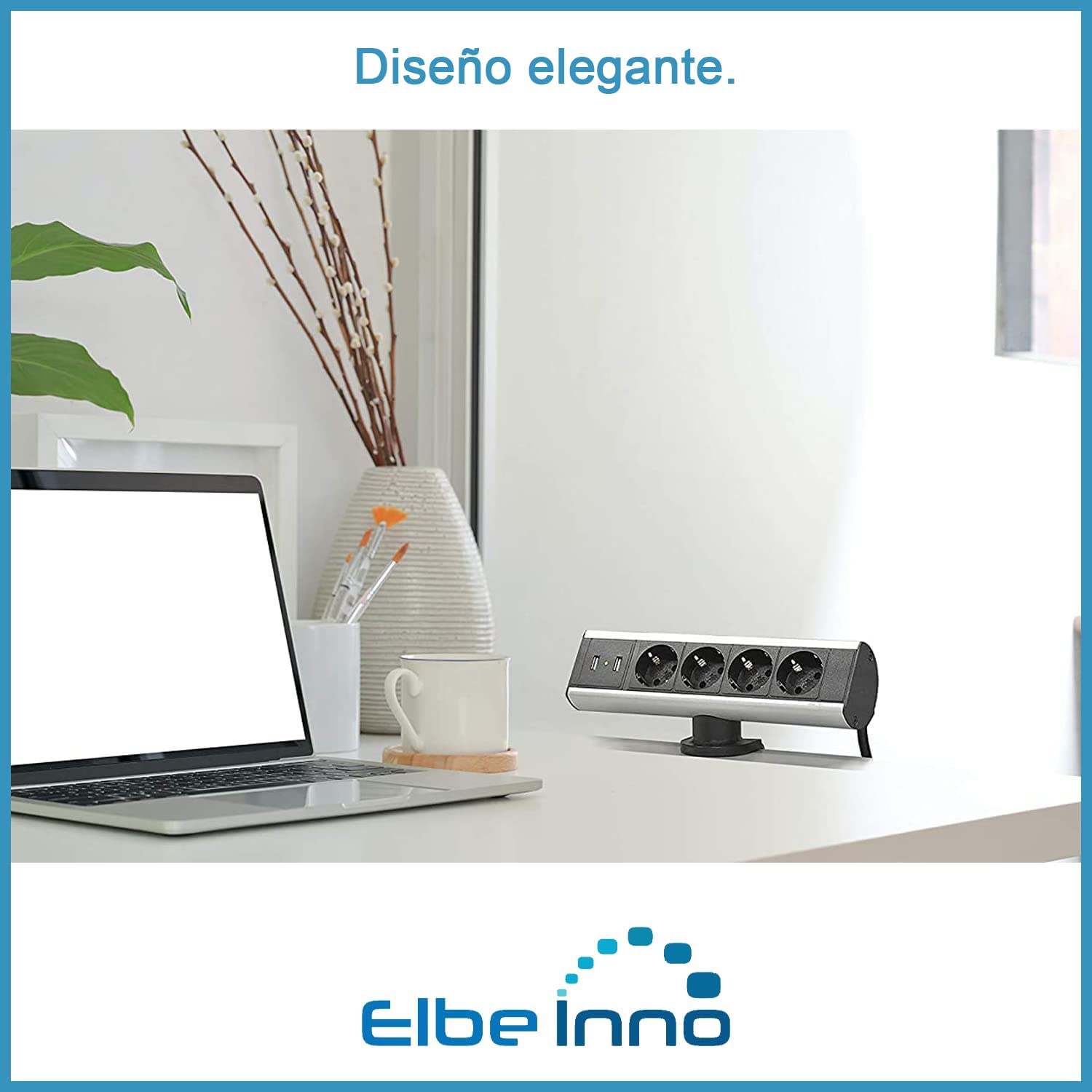 Regletas con USB, Enchufes Multiple con 2 Puertos USB 2.4, 4 enchufes alemanes, Conector alemán, Cable de 1,5 m, Abrazadera de Montaje, Apto para oficinas, Salas de reuniones EL10204U