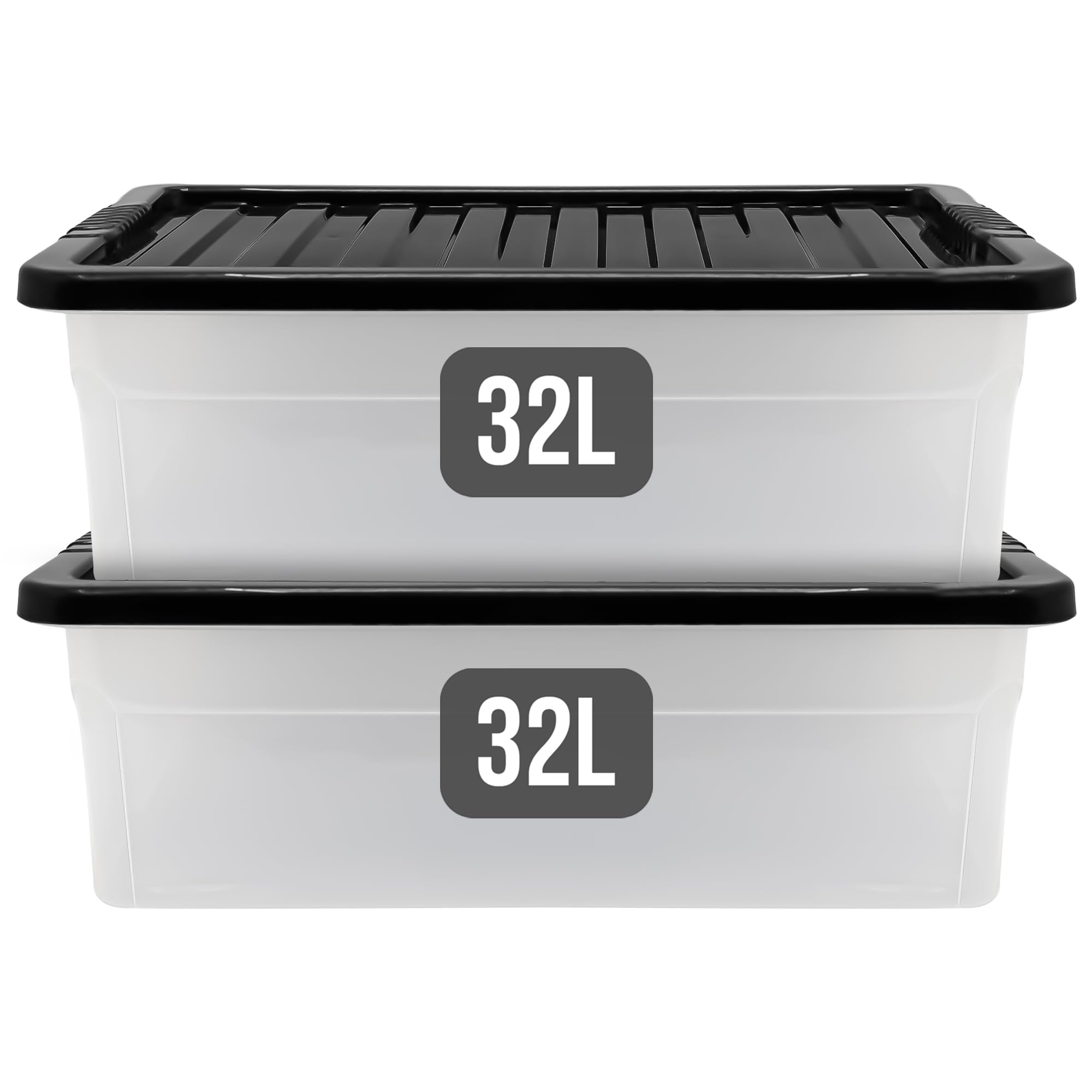 LITETRON Clear 32L 2 pack Plastic Under Bed Storage Box with Black Lid, Large Storage Container with Secure Lids, Space-Saving Storage Boxes for Clothes, Bedding, Shoes & Household Organization (2)