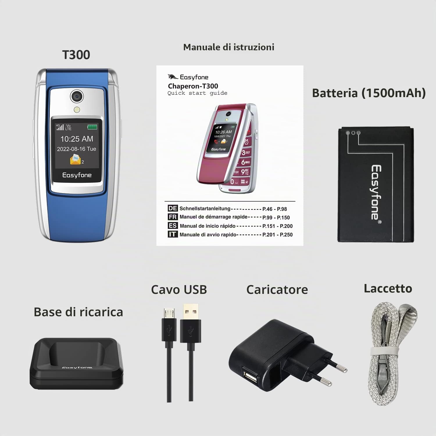 Easyfone T300 4G Telefono Cellulare a conchiglia per Anziani con Tasti Grandi, Funzione SOS, Compatibile con Apparecchi Acustici, Chiamata Rapida, 1500mAh Batteria e Base di ricarica (Blu)
