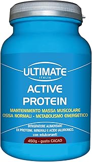 Ultimate Italia - Active Protein - 450g - gusto cacao - integratore per over 50 - con proteine, acido ialuronico, vitamine e minerali, senza glutine e lattosio
