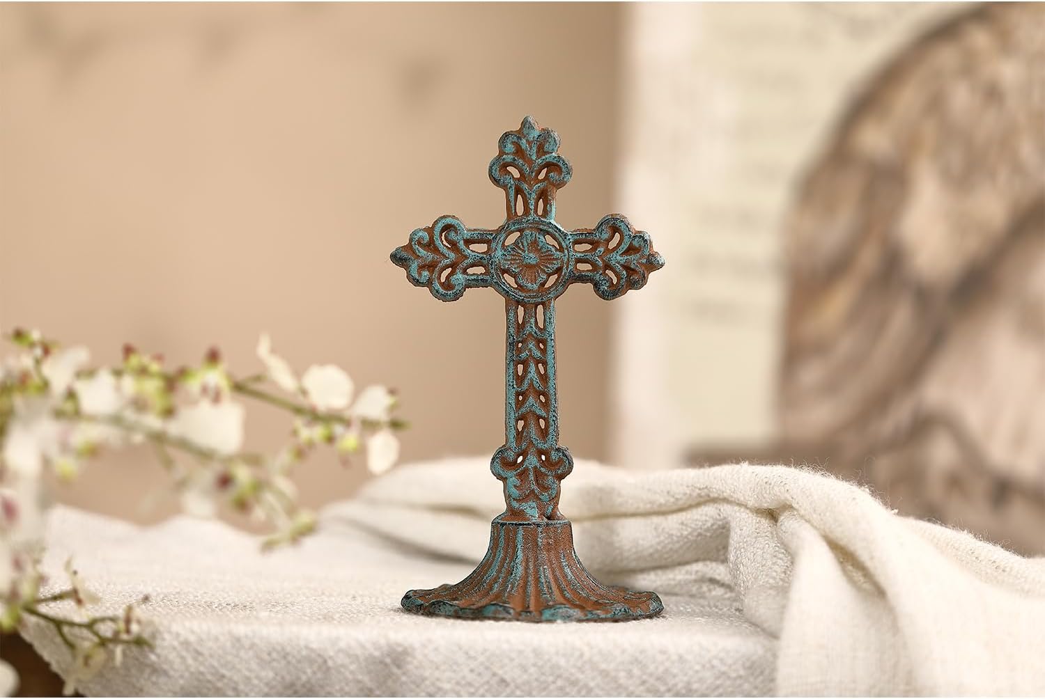 Standing Cross with Stand - 8.5" Tall Metal Victorian Cross, Tabletop/Shelf Decor for Home, Antique Blue Home Decor Accent