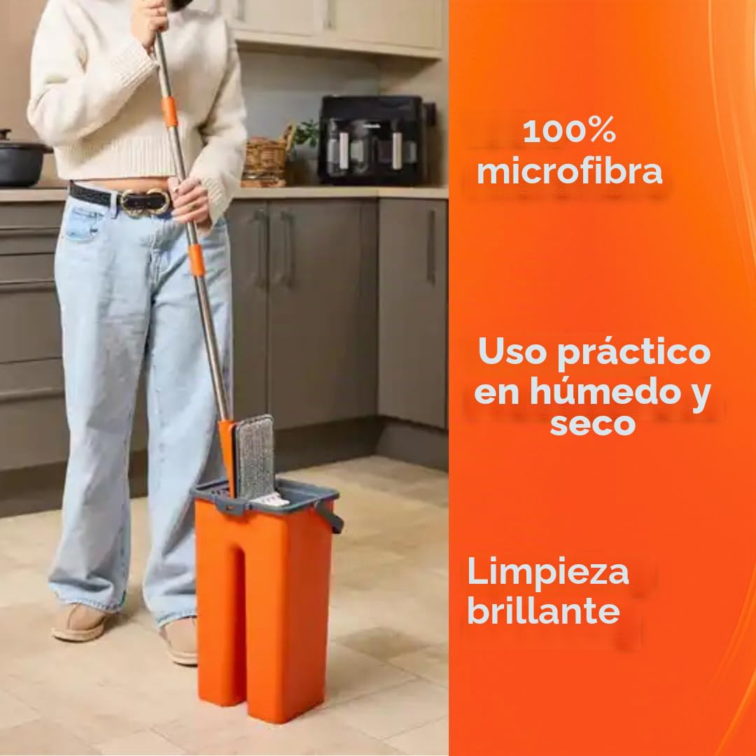 Macromax Aqua Revolution - Juego de fregona Plana y Cubo, con Capacidad de 8 litros, Limpieza en húmedo y seco, Cabezales de fregona de Microfibra Lavables y reemplazos, Mango Giratorio de 180°, mopa